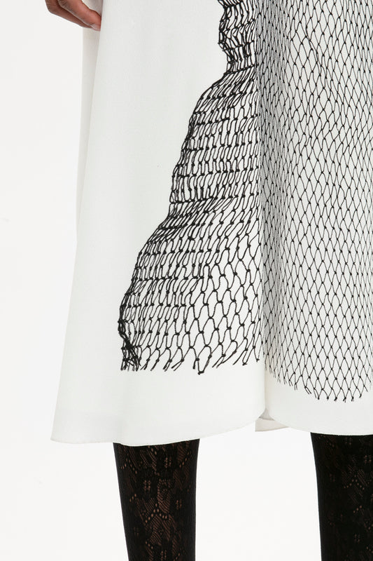 Gathered Waist Midi Dress In White-Black Contorted Net