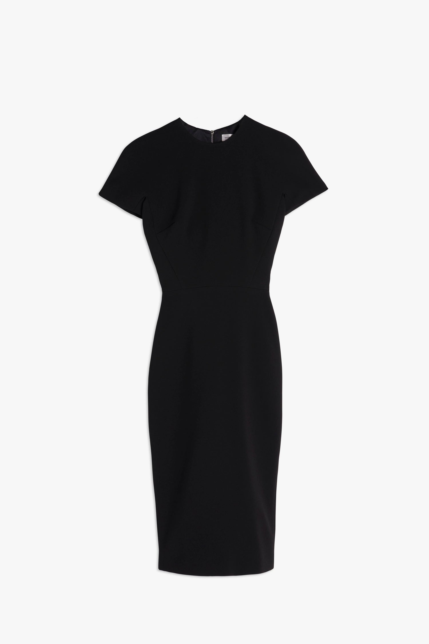 Victoria Beckham's Fitted T-Shirt Dress In Black with short sleeves and a fitted waist, crafted from bonded crepe fabric, displayed on a white background.