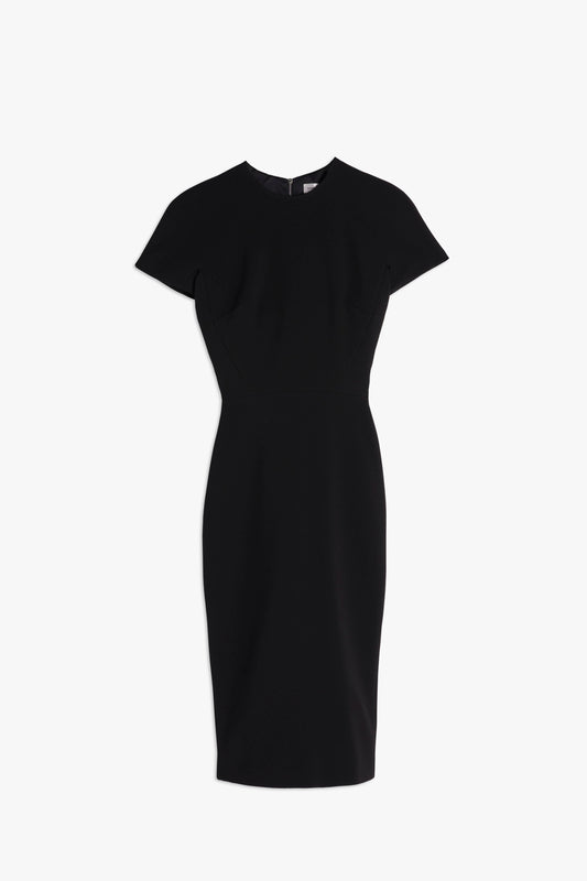 Victoria Beckham's Fitted T-Shirt Dress In Black with short sleeves and a fitted waist, crafted from bonded crepe fabric, displayed on a white background.