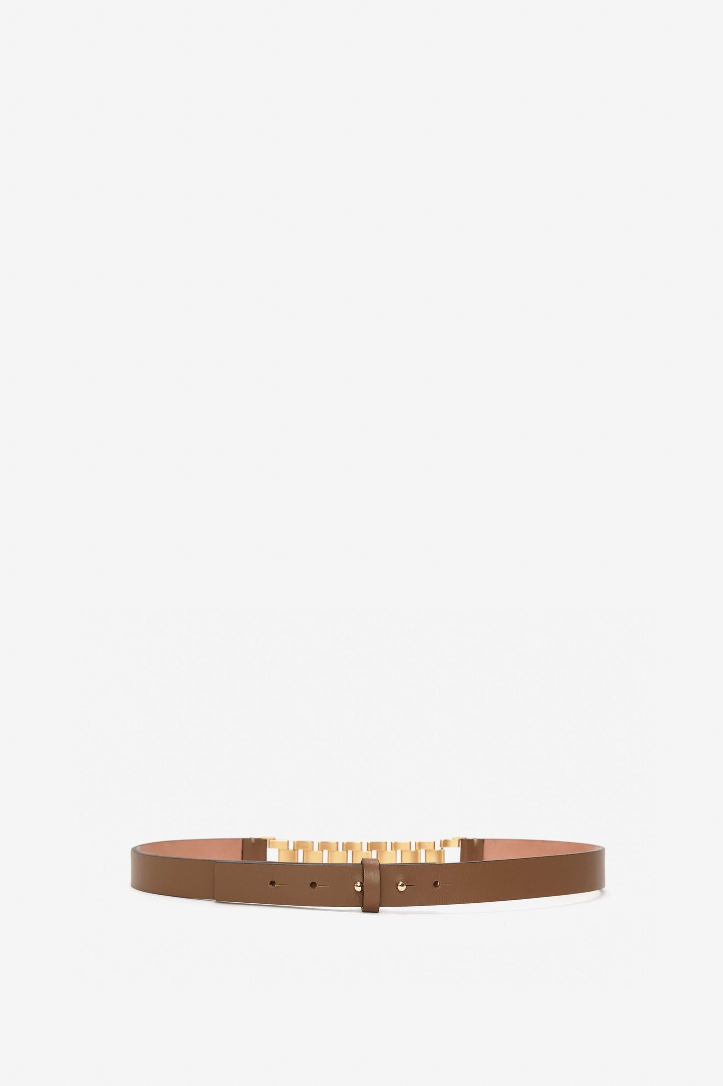 A slim Victoria Beckham khaki-brown calf-leather belt with a golden square buckle, positioned horizontally on a white background.