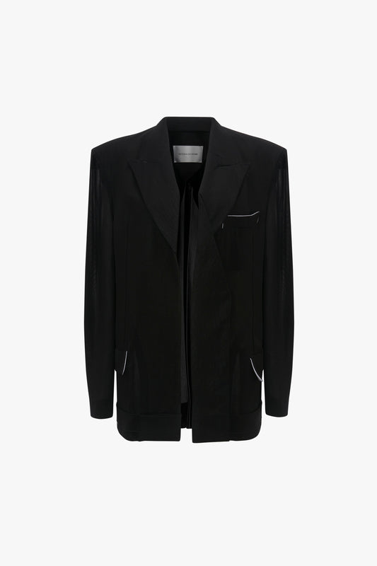 Victoria Beckham Fold Detail Tailored Jacket In Black with notch lapels and zip pockets on a white background.