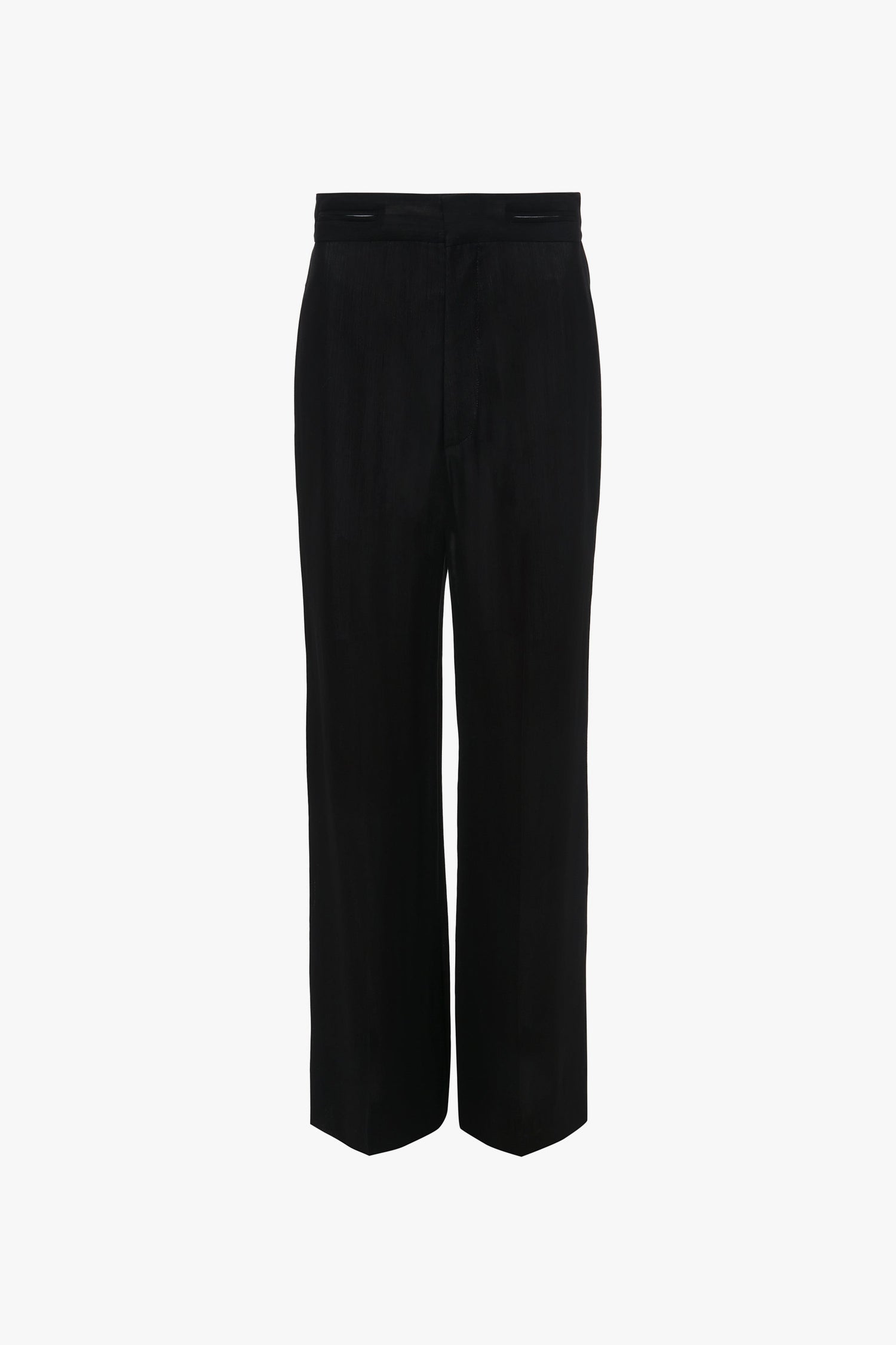Victoria Beckham Waistband Detail Straight Leg Trouser in Black isolated on a white background.