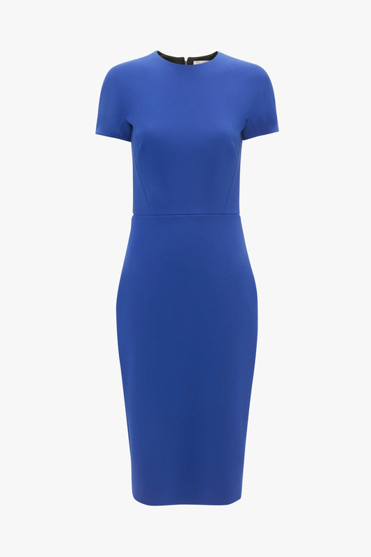 A Victoria Beckham palace blue wool crepe sheath dress with short sleeves and a boat neckline, displayed on a white background.