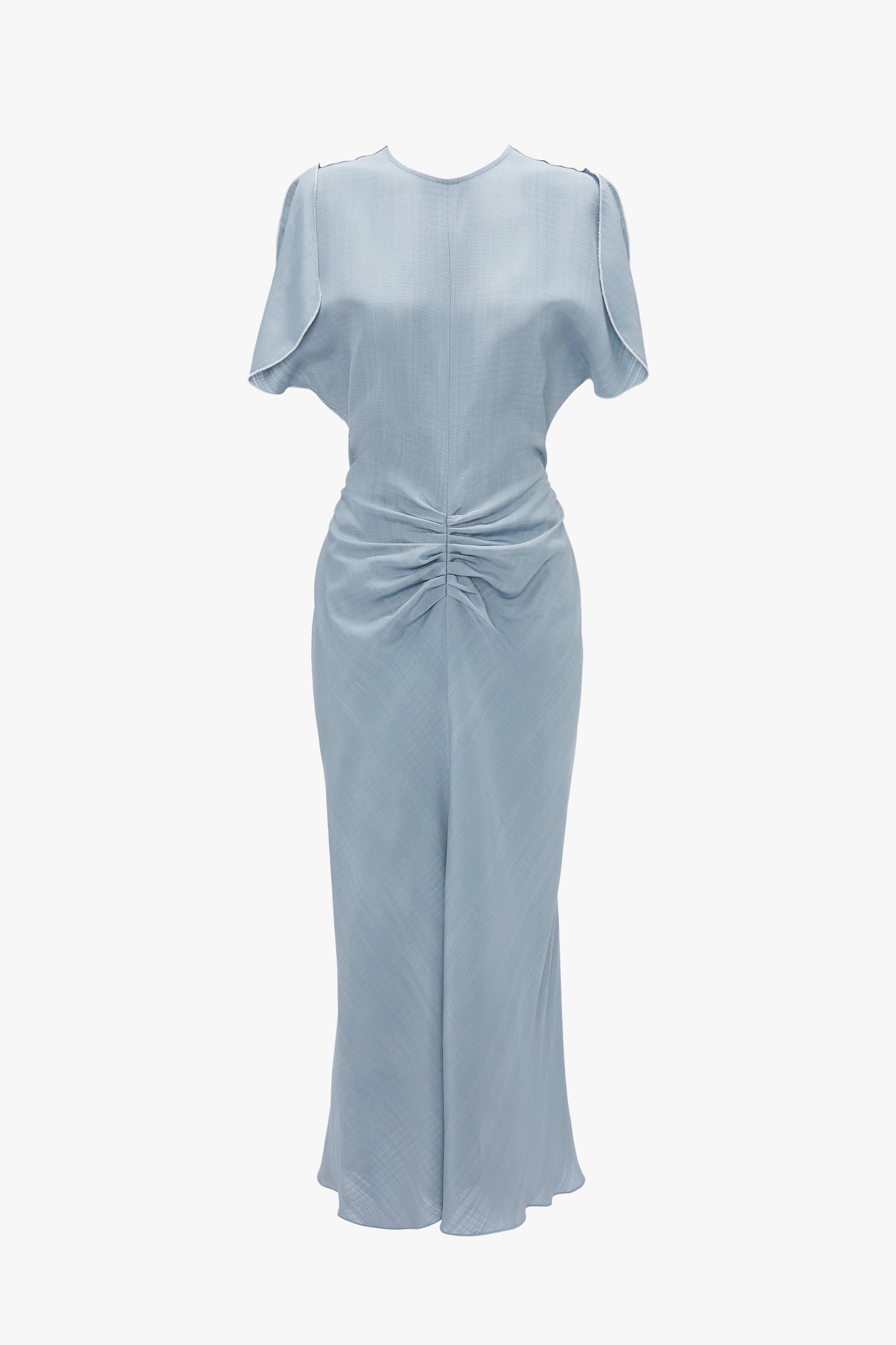 Light blue Exclusive Gathered Waist Midi Dress In Pebble with short sleeves and a twisted knot detail at the gathered waist, displayed against a white background by Victoria Beckham.