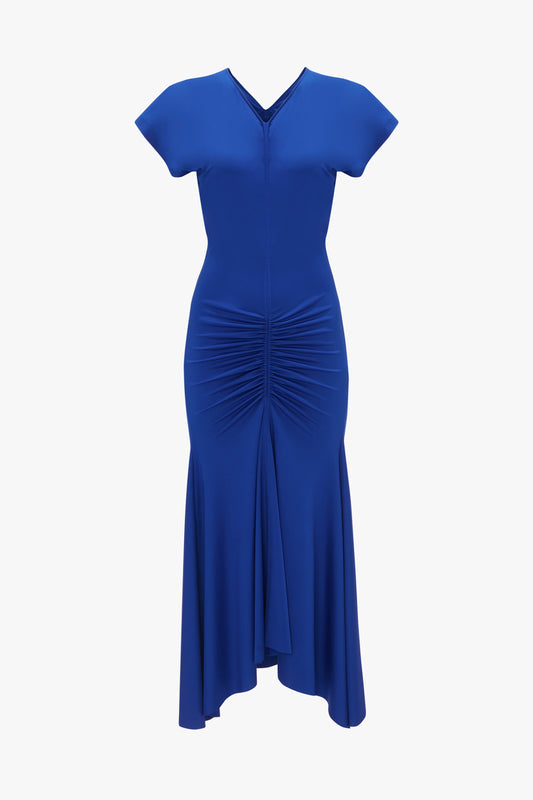 Victoria Beckham Royal Blue Sleeveless Rouched Jersey Dress with a v-neckline on a white background.