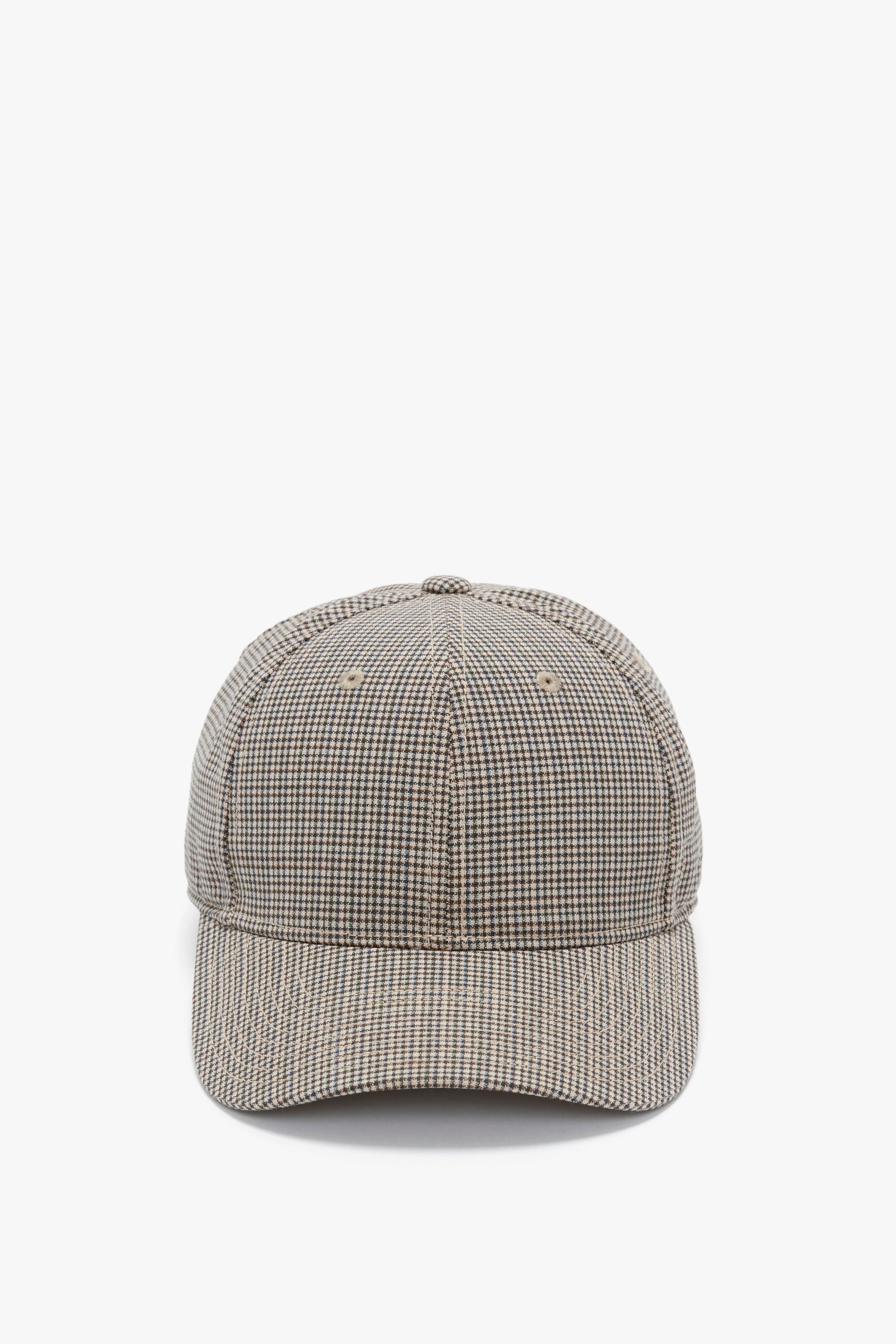 Front view of a Victoria Beckham Logo Cap In Dogtooth Check on a white background.