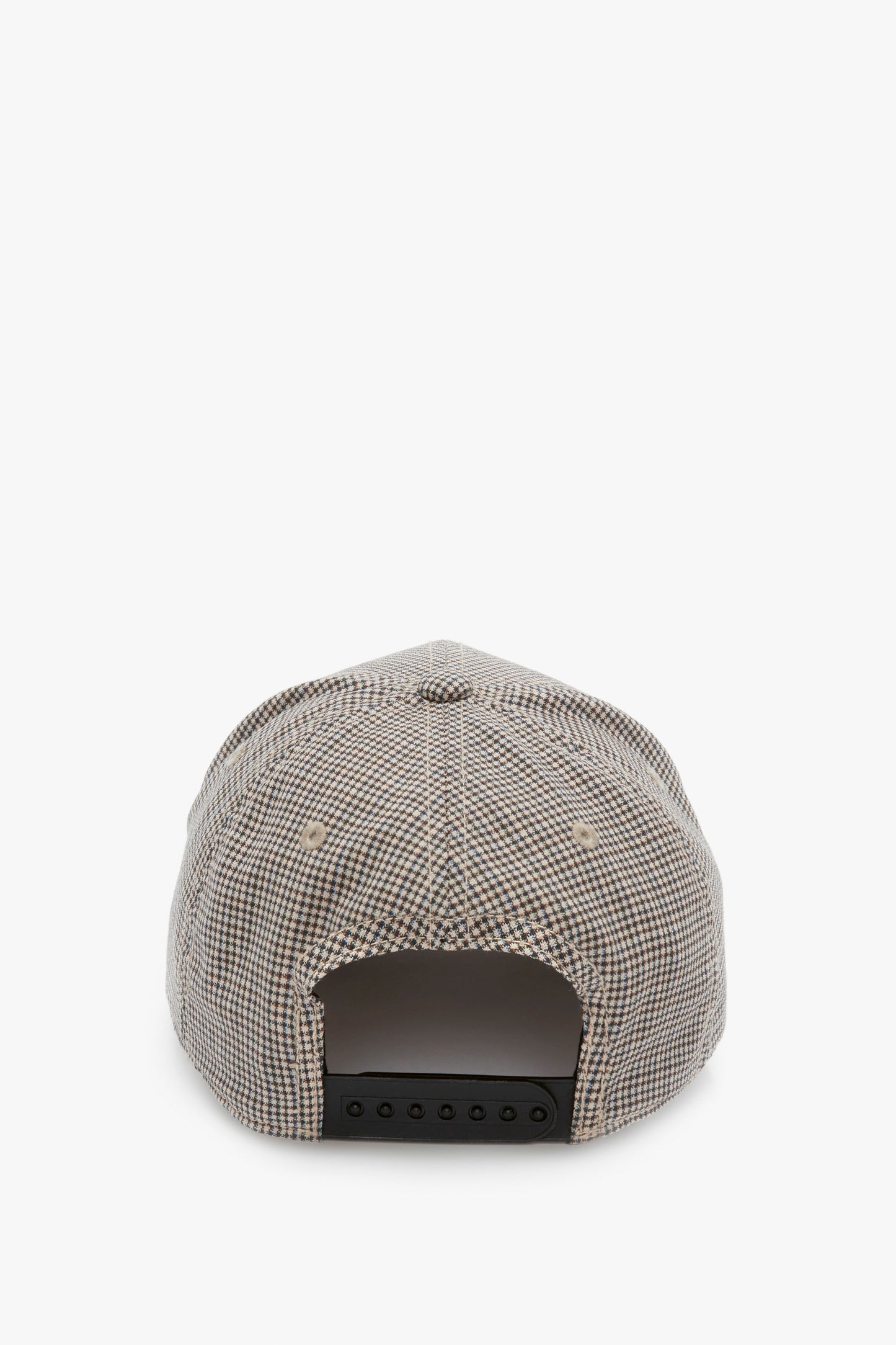 Rear view of a Victoria Beckham Logo Cap In Dogtooth Check with an adjustable black snap, isolated on a white background.