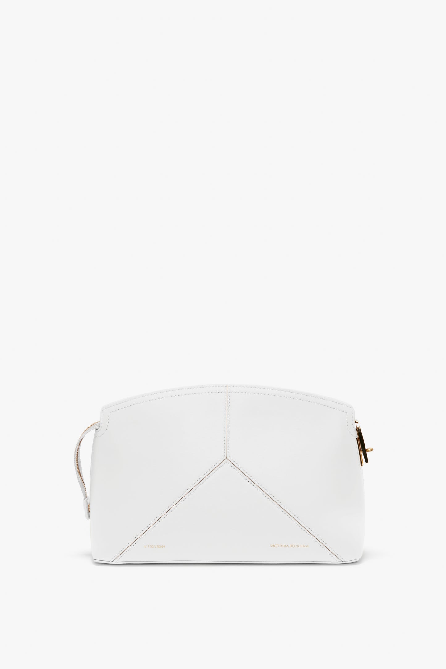 White leather handbag with a minimalist design, featuring gold-tone zipper hardware and subtle stitching details. This Victoria Beckham Exclusive Victoria Clutch Bag In White Leather embodies understated elegance and sophistication.