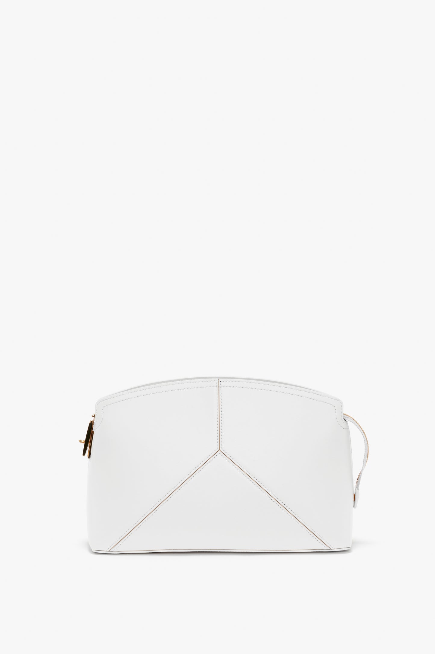 An Exclusive Victoria Clutch Bag In White Leather made of smooth calf leather with geometric stitching and a gold zipper, exuding the sophisticated elegance of Victoria Beckham.