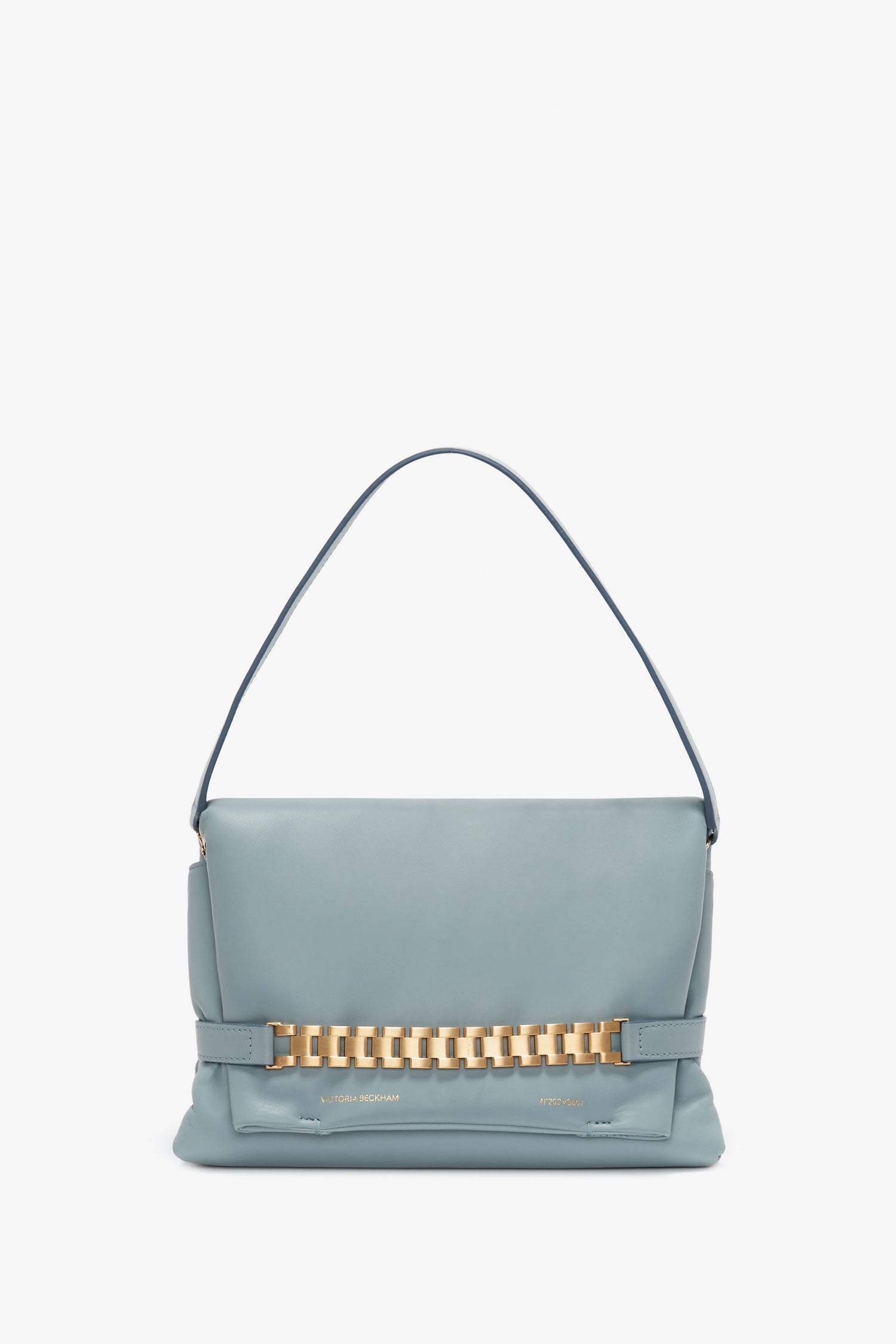 A light blue Puffy Chain Pouch With Strap In Ice Leather handbag by Victoria Beckham, with a single arching handle, displayed against a white background.