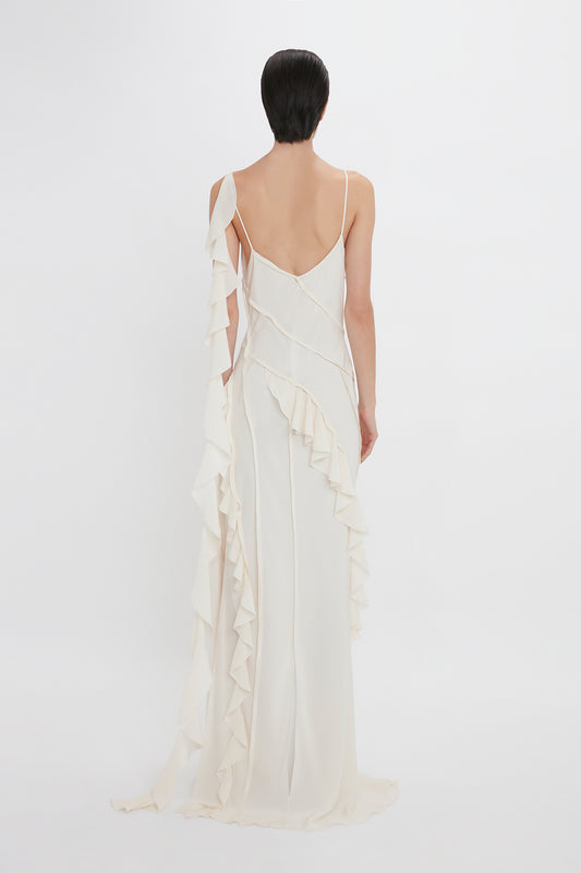 Exclusive Asymmetric Bias Frill Dress In Ivory