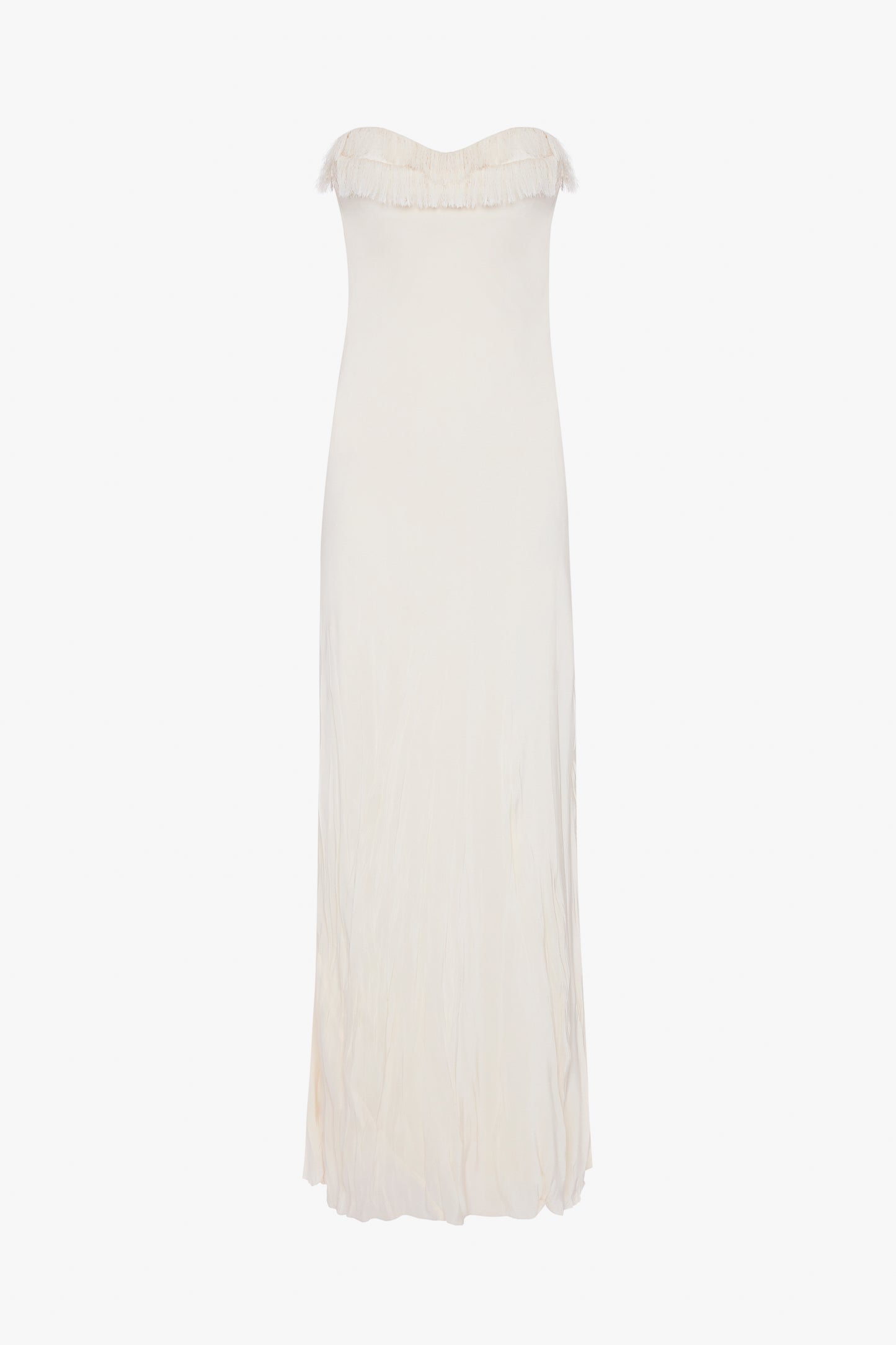 An elegant Ivory Victoria Beckham off-the-shoulder gown with corset detail and a smooth, crease-effect skirt, displayed against a plain white background.