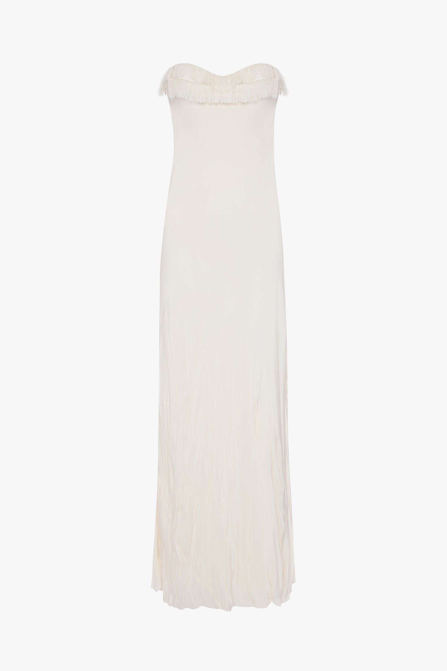 An elegant Ivory Victoria Beckham off-the-shoulder gown with corset detail and a smooth, crease-effect skirt, displayed against a plain white background.