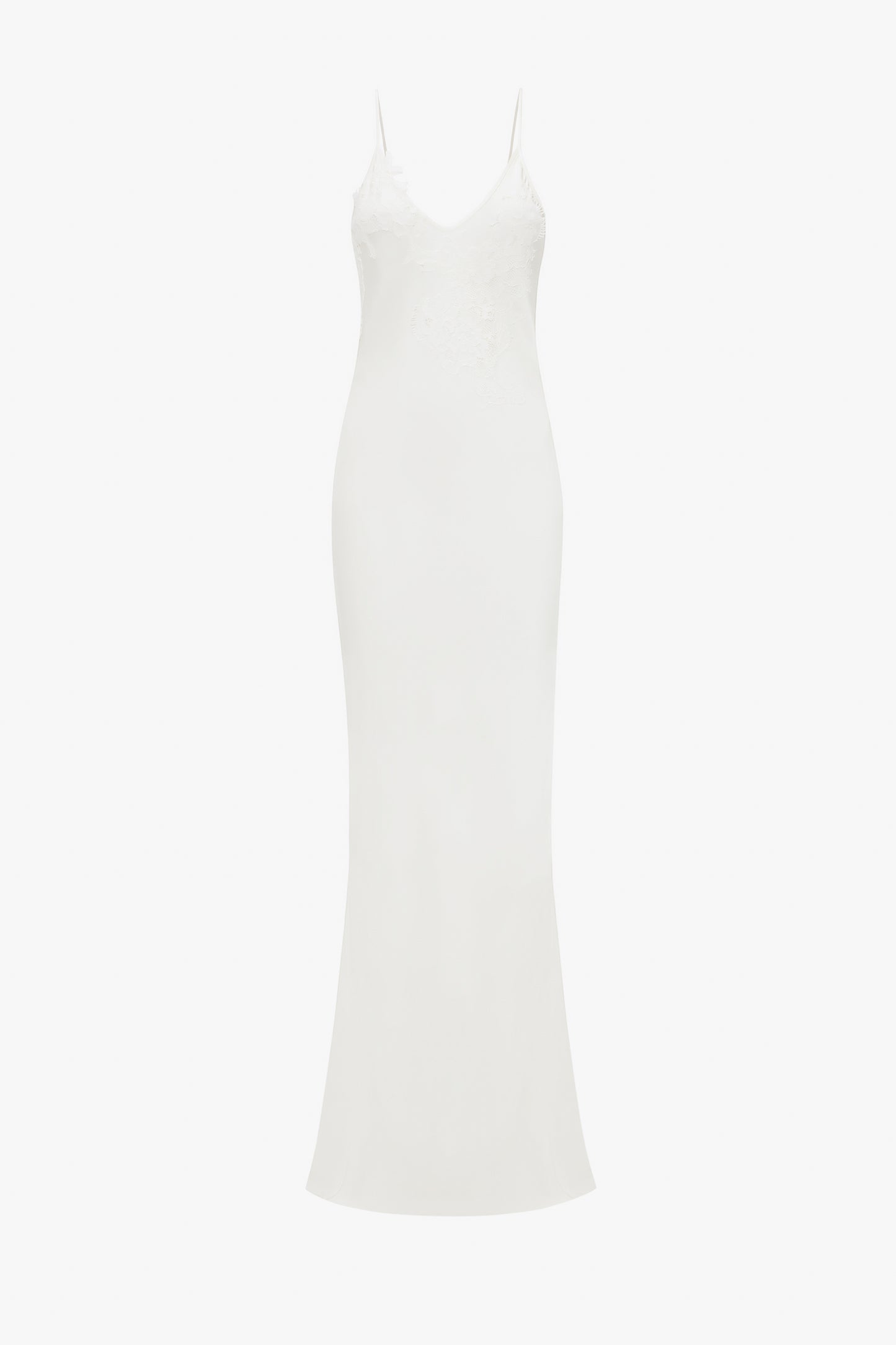 A white sleeveless bridal gown with lace appliqué detail on the bodice, displayed against a white background. 
Product Name: Exclusive Lace Detail Floor-Length Cami Dress In Ivory
Brand Name: Victoria Beckham