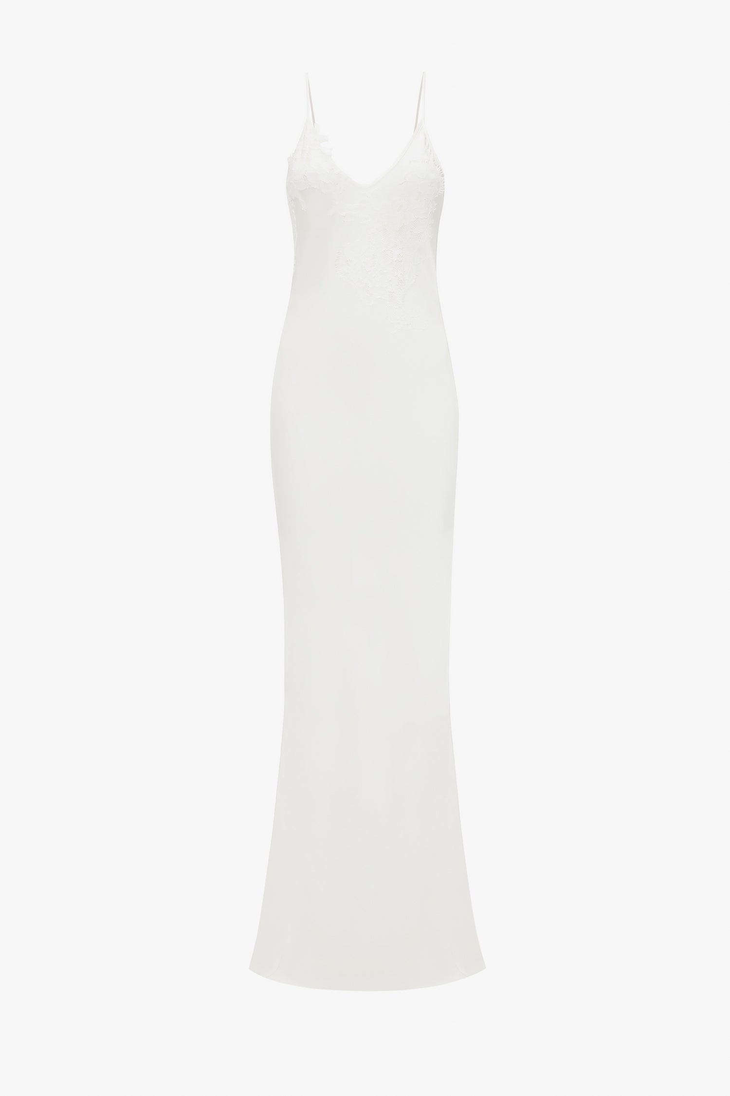 A white sleeveless bridal gown with lace appliqué detail on the bodice, displayed against a white background. 
Product Name: Exclusive Lace Detail Floor-Length Cami Dress In Ivory
Brand Name: Victoria Beckham