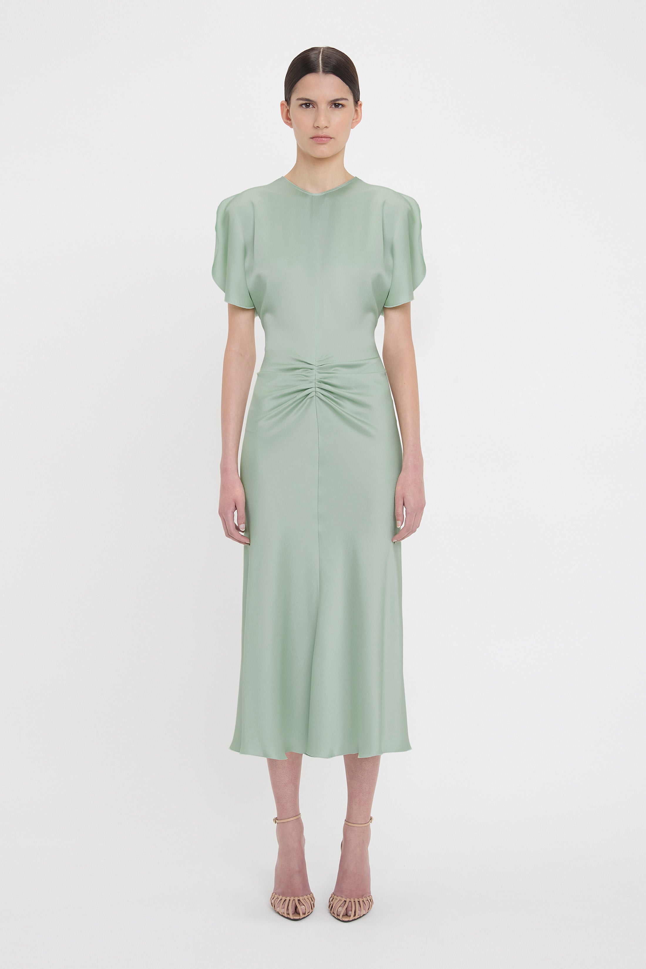 Gathered Waist Midi Dress In Wasabi | Designer Dresses