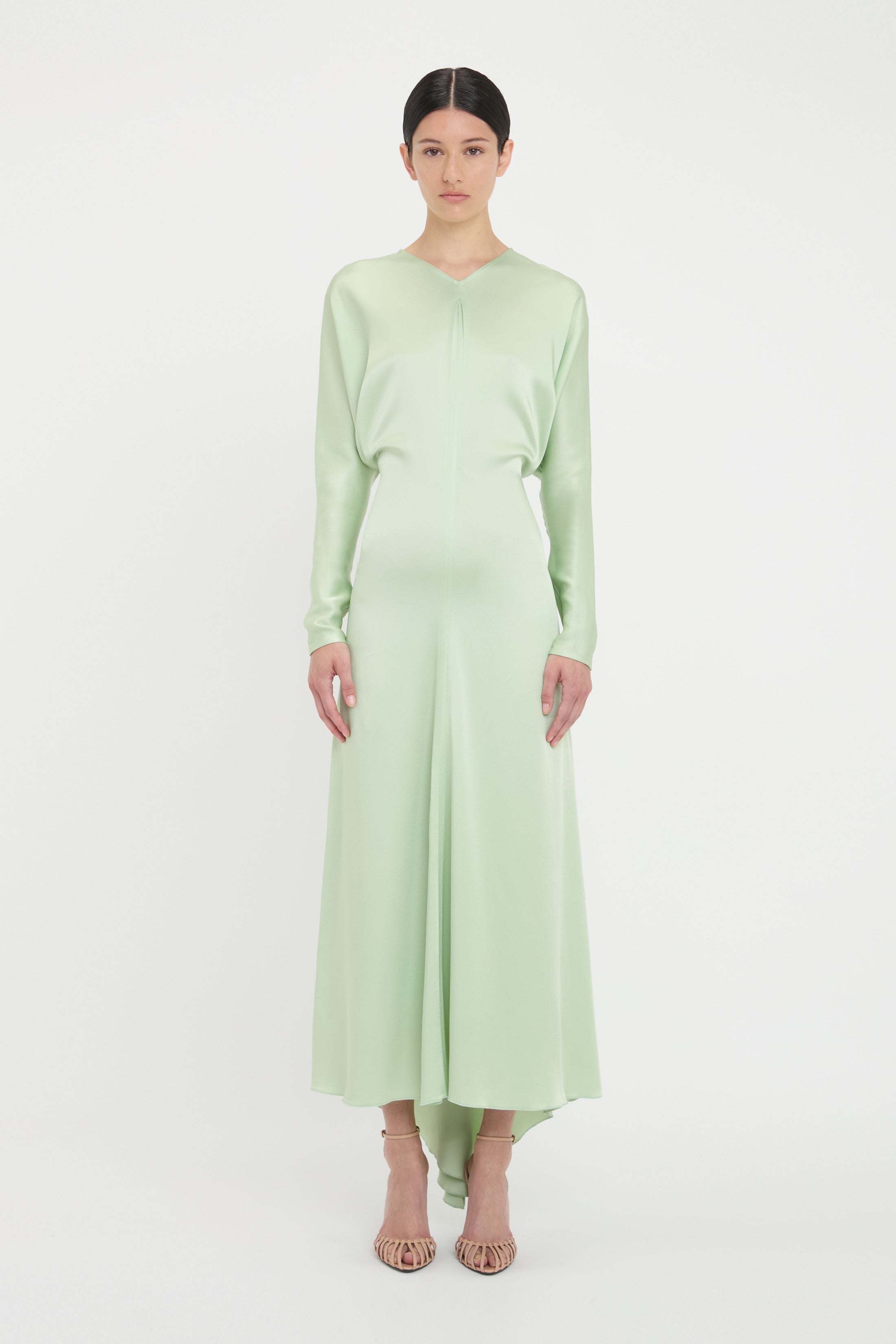 オールインワン・サロペット Victoria Beckham Draped Midi Dress Green Draped Tuck Detail Midi Dress in Algae | Designer Dresses