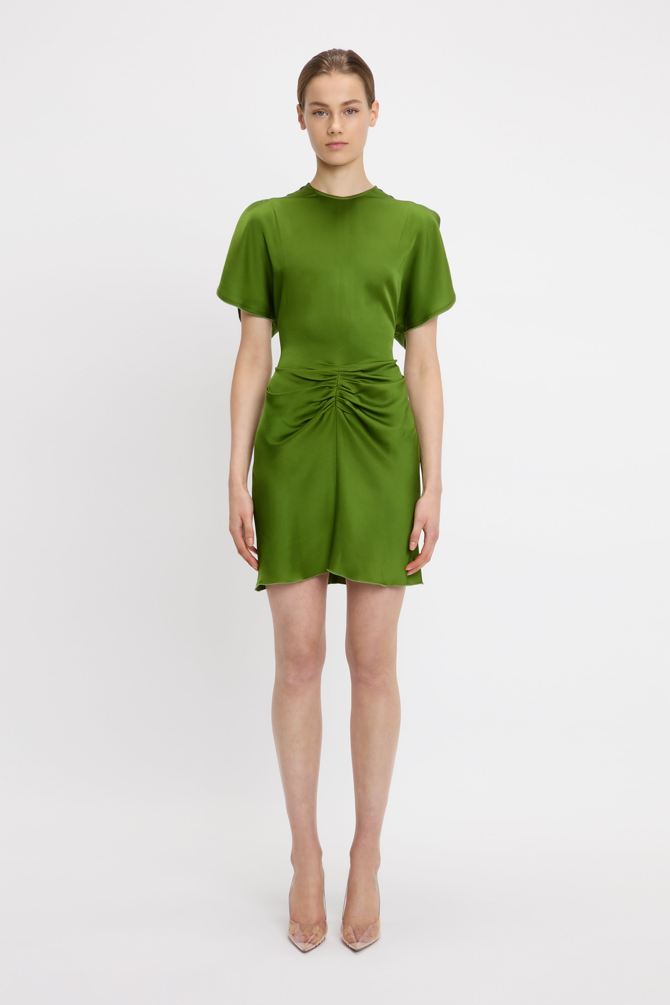 ワンピース Victoria Beckham SS25 (1225WDR006342A ALGAE) Draped Tuck Detail Midi Dress in Algae | Designer Dresses