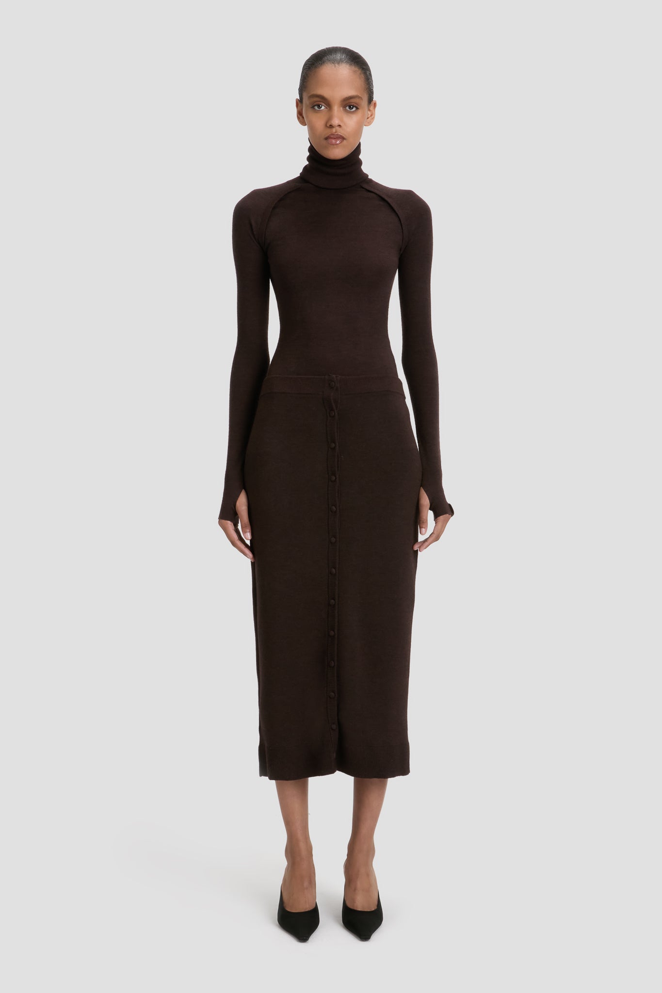 Button Midi Skirt In Dark Chocolate
