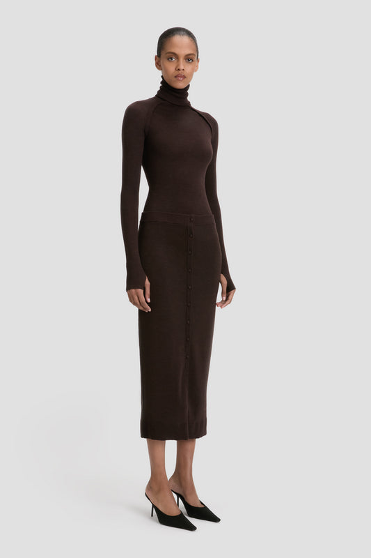 Button Midi Skirt In Dark Chocolate