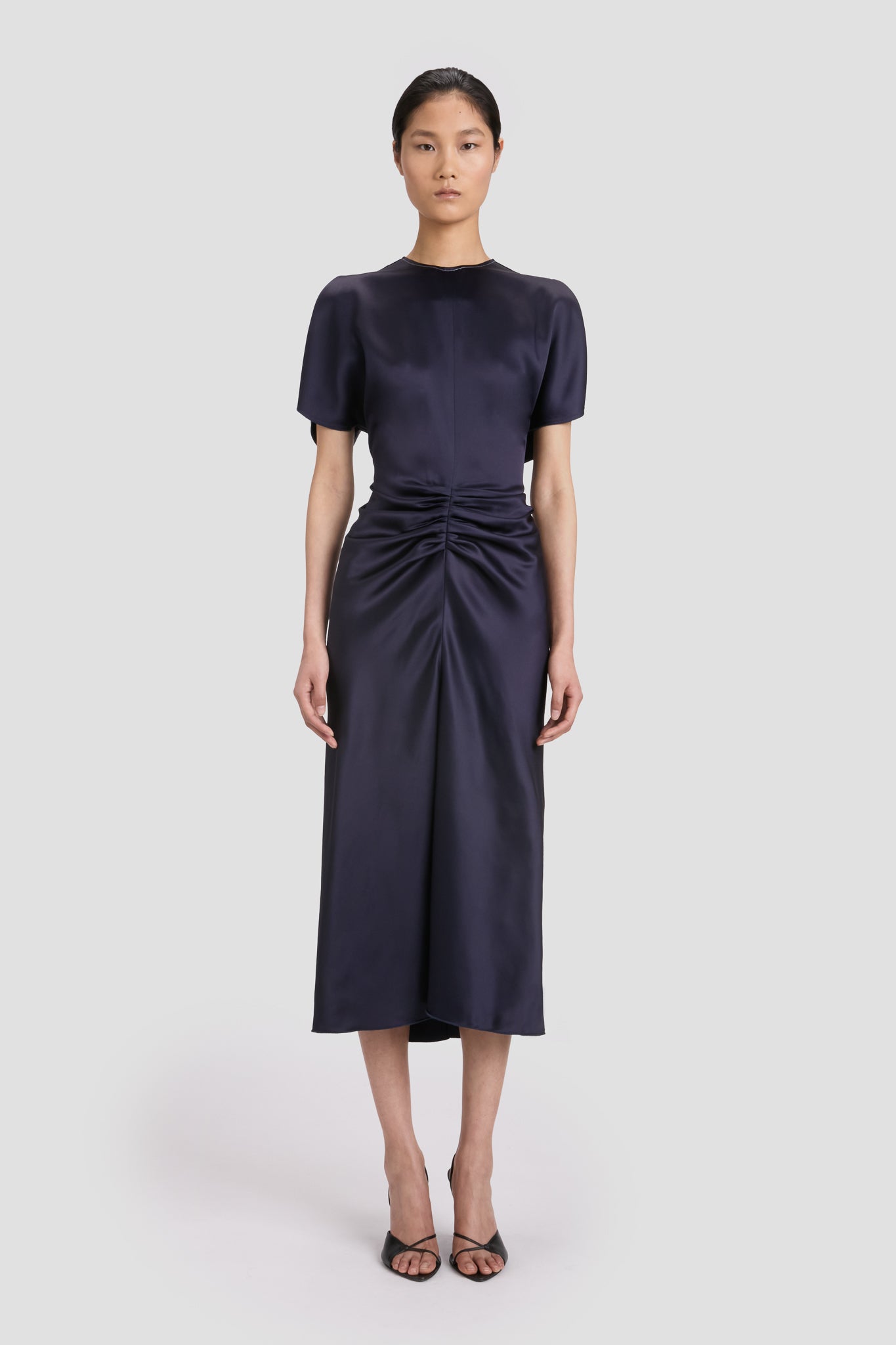 Gathered Waist Midi Dress In Midnight | Designer Dresses