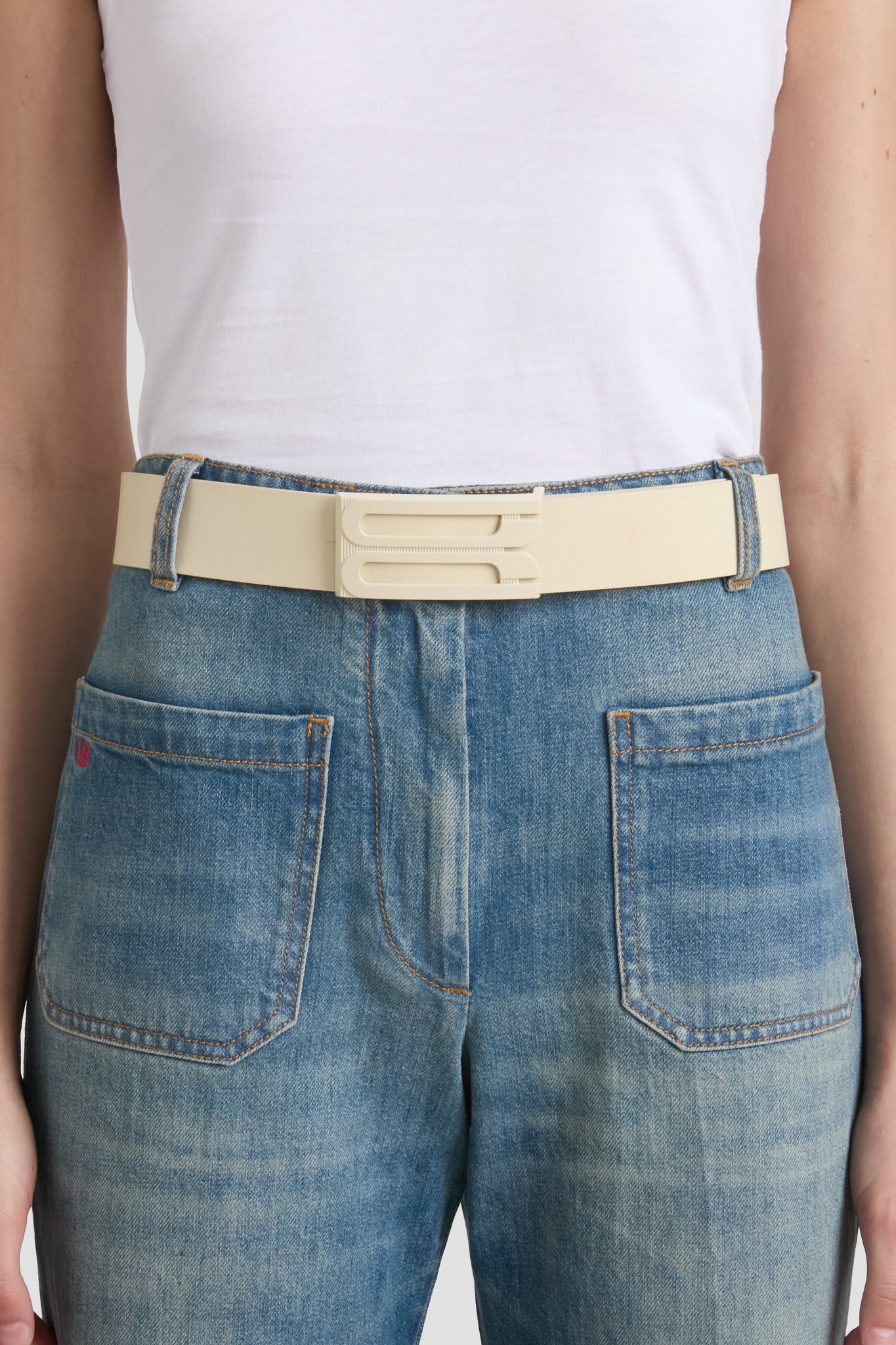 Tonal Jumbo Frame Belt In Ivory Smooth Leather