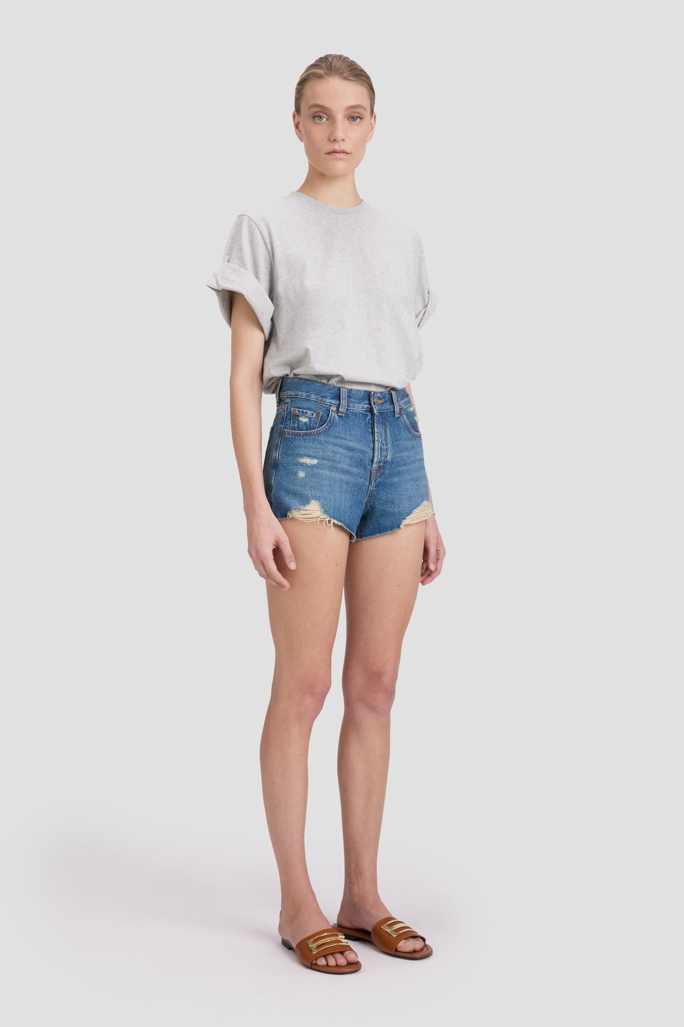 Distressed Shorts In Mid Blue Wash