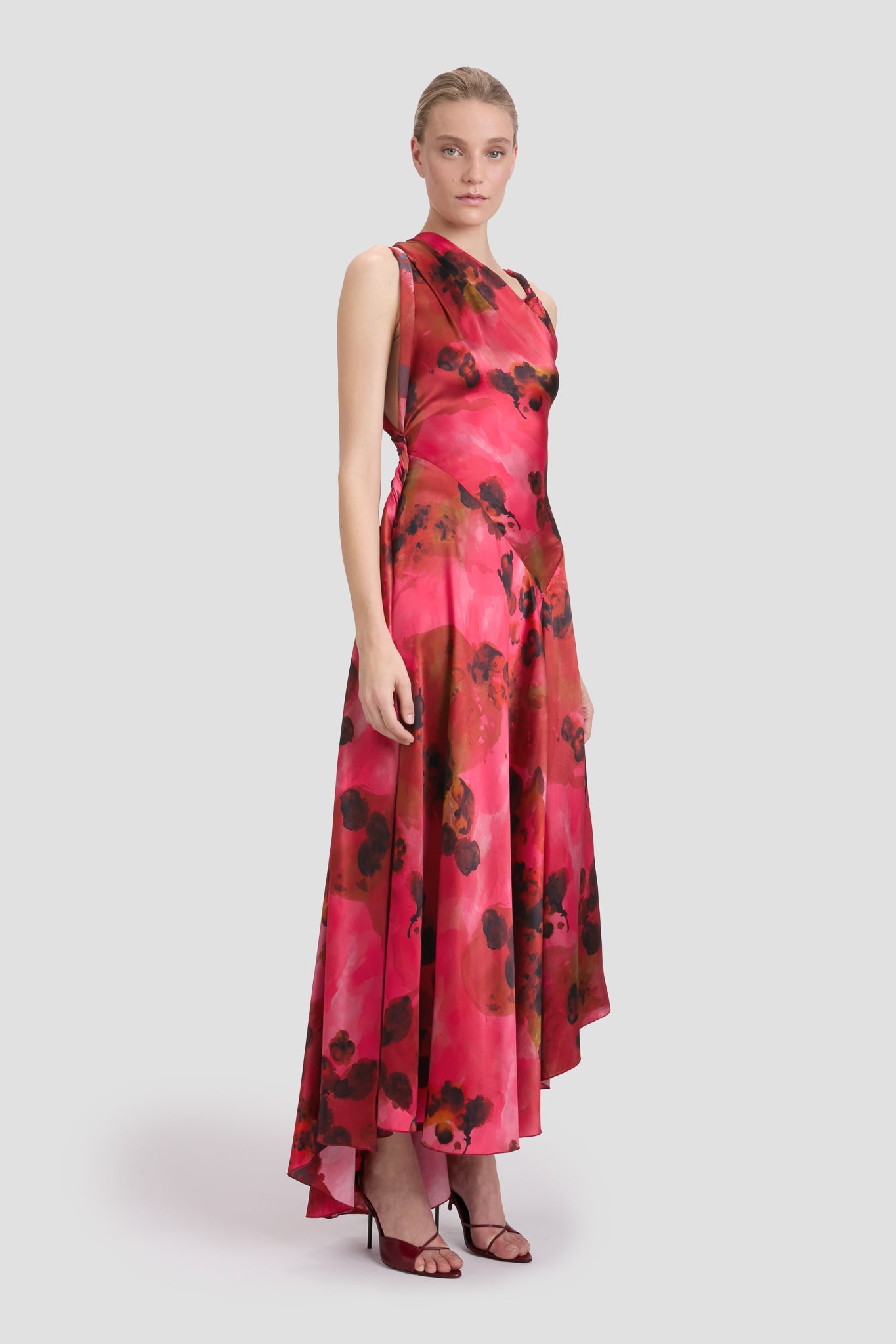 Draped Midi Dress In Raspberry Floral Print