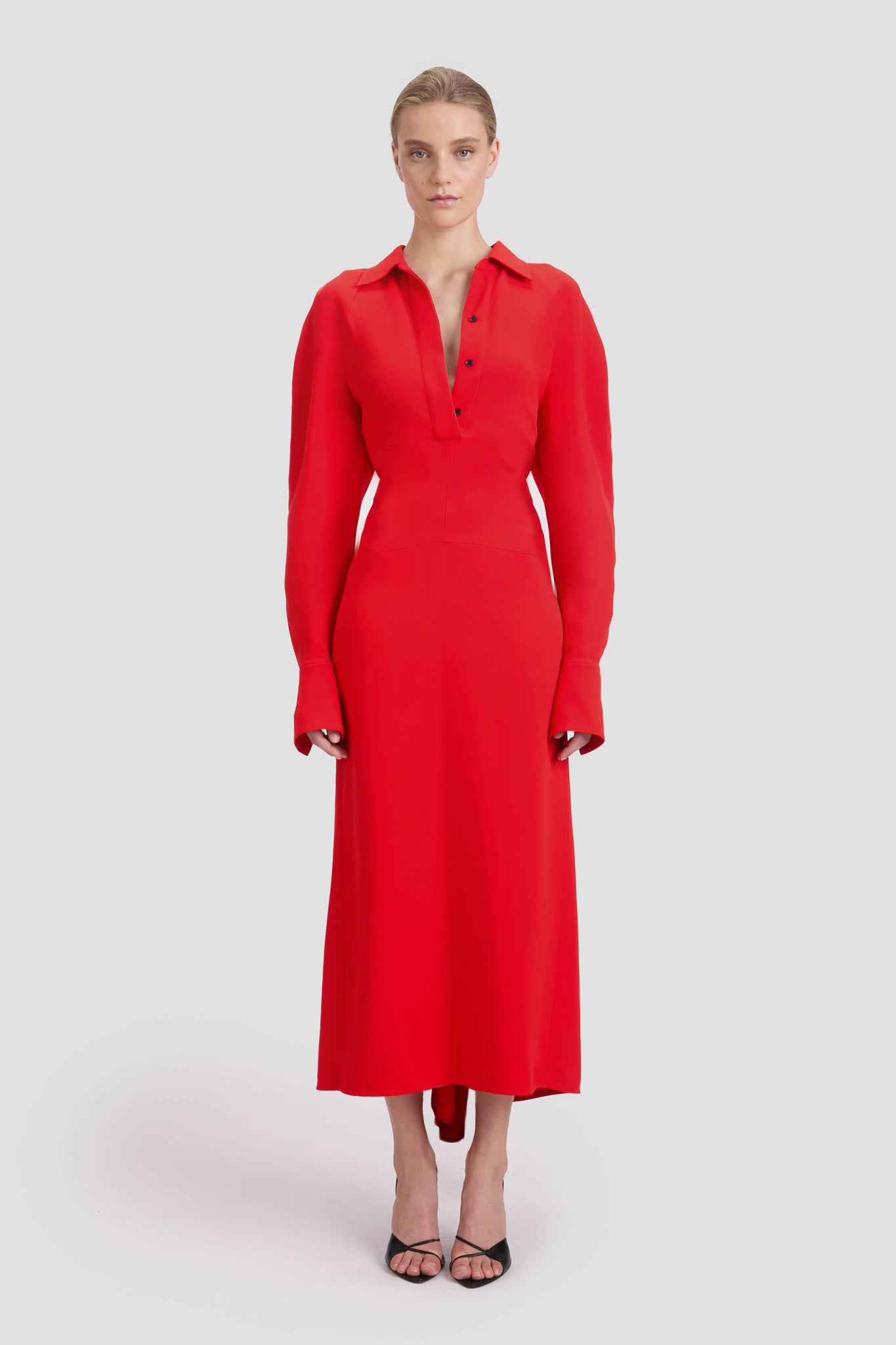 ワンピース Victoria Beckham 'Long Sleeve Polo Collar Midi' dress Long Sleeve Polo Collar Midi Dress In Tomato Red – Victoria