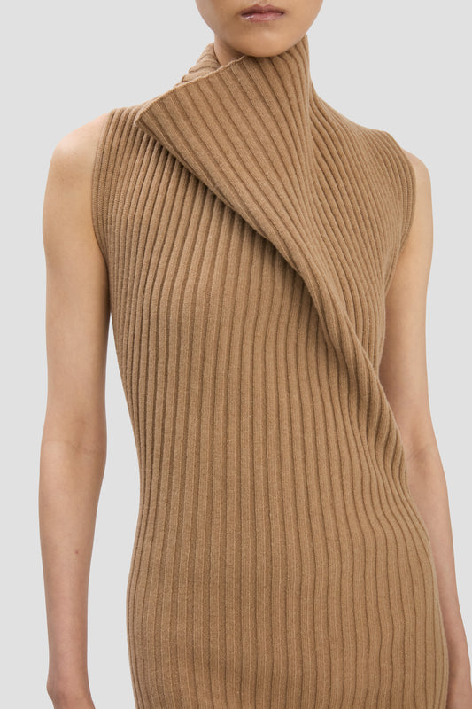 Ribbed Midi Dress In Dark Camel