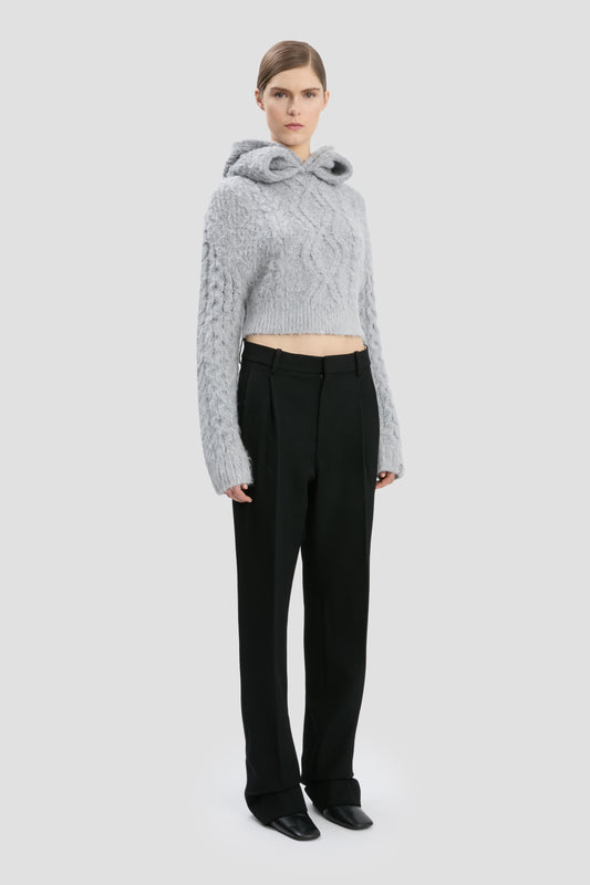 Cropped Cable Jumper In Grey Melange
