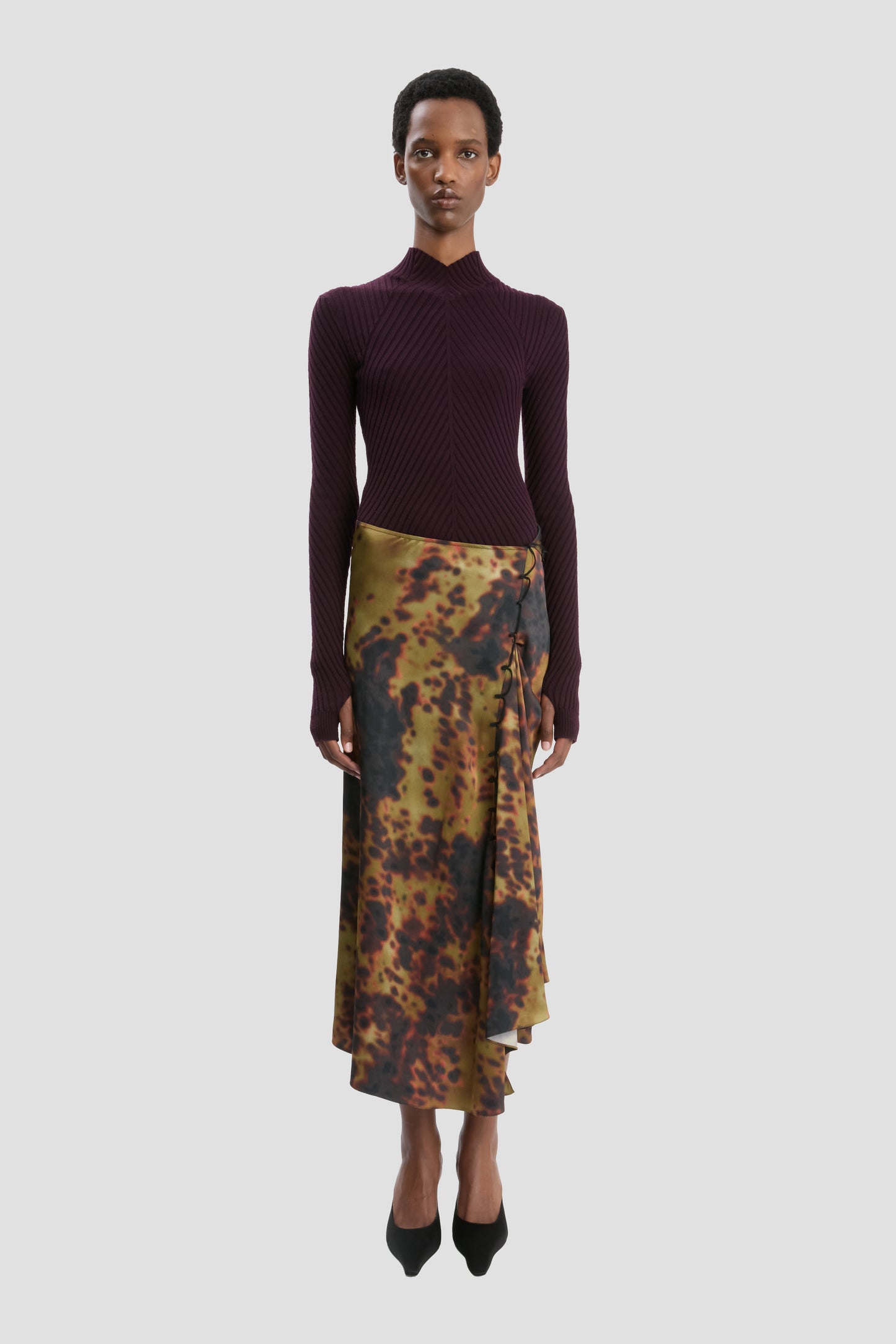 Midi Skirt In Olive Brown Print