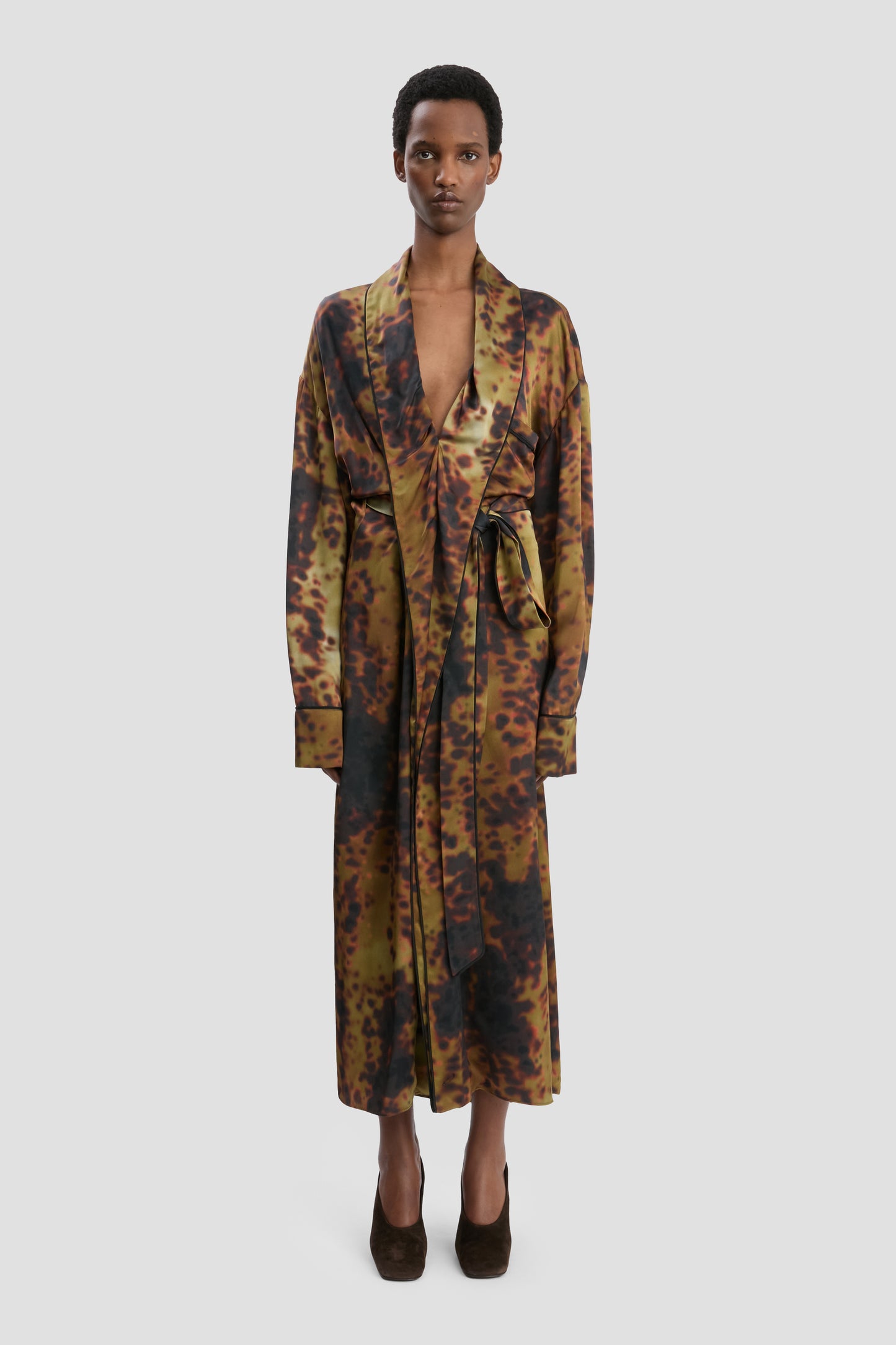 Wrap Midi Dress In Olive Brown Print