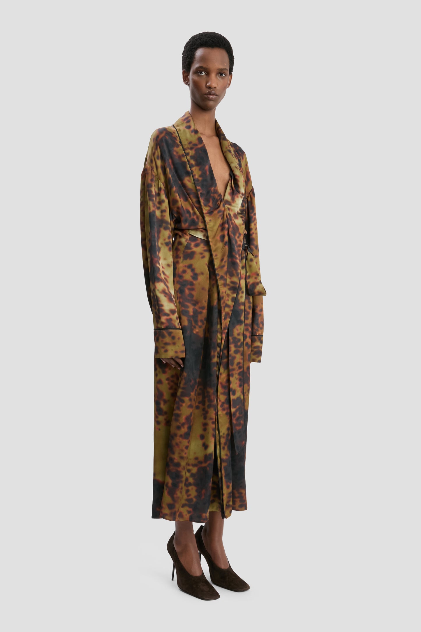 Wrap Midi Dress In Olive Brown Print