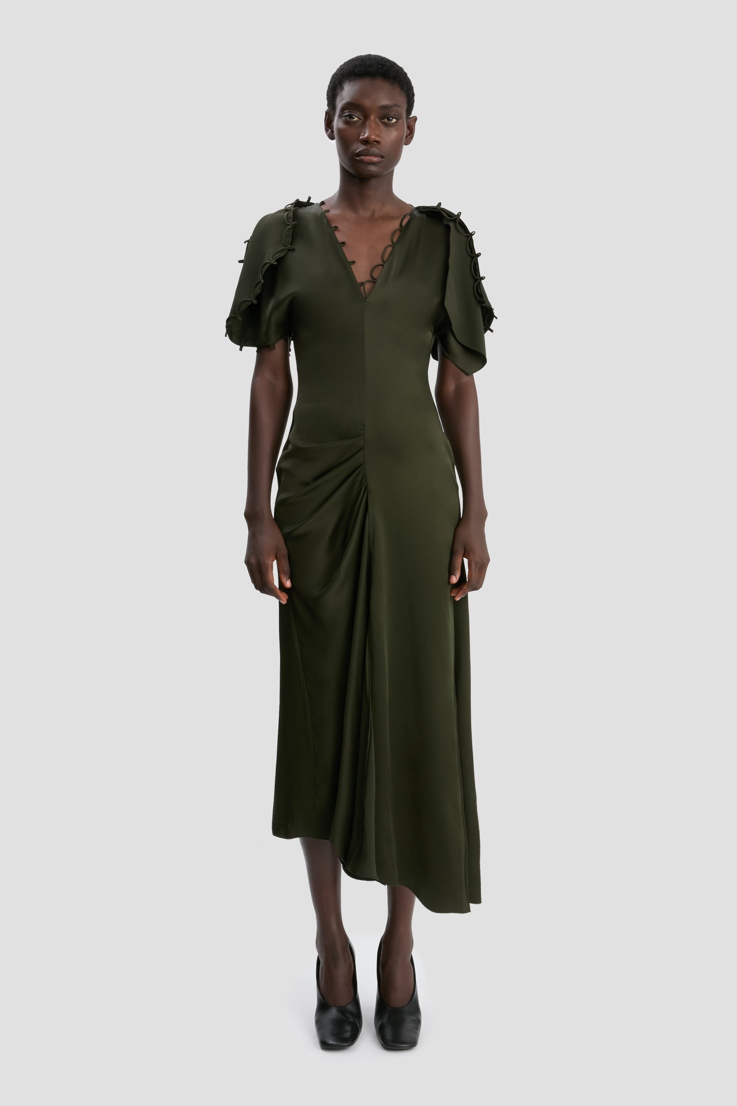Draped Midi Dress In Dark Olive