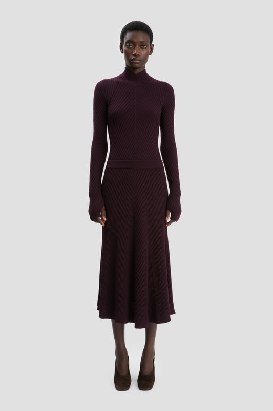 Ribbed Knit Midi Skirt In Merlot