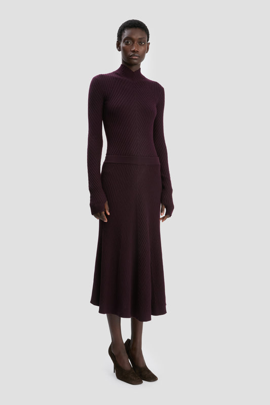 Ribbed Knit Midi Skirt In Merlot