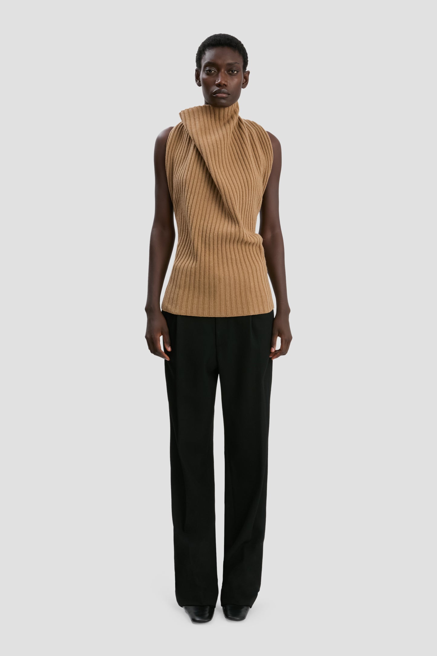Draped Rib Top In Dark Camel