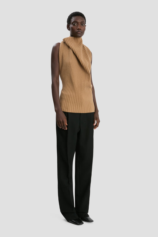 Draped Rib Top In Dark Camel