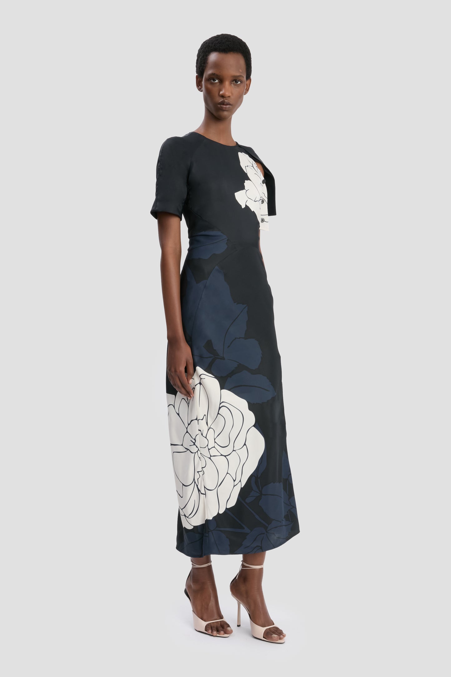Split Hem Midi Dress In Dark Navy Floral Print