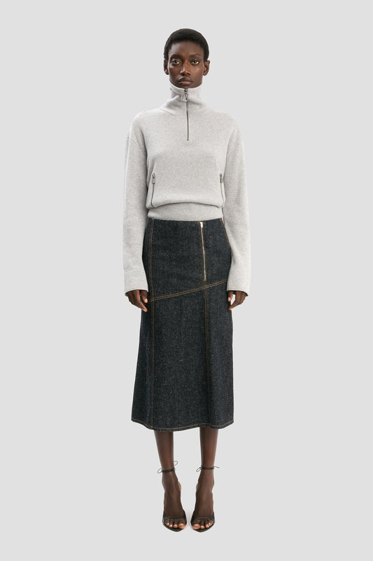 Panelled Denim Midi Skirt In Indigo