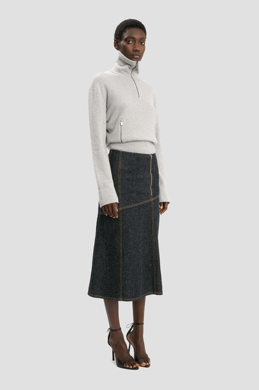 Panelled Denim Midi Skirt In Indigo