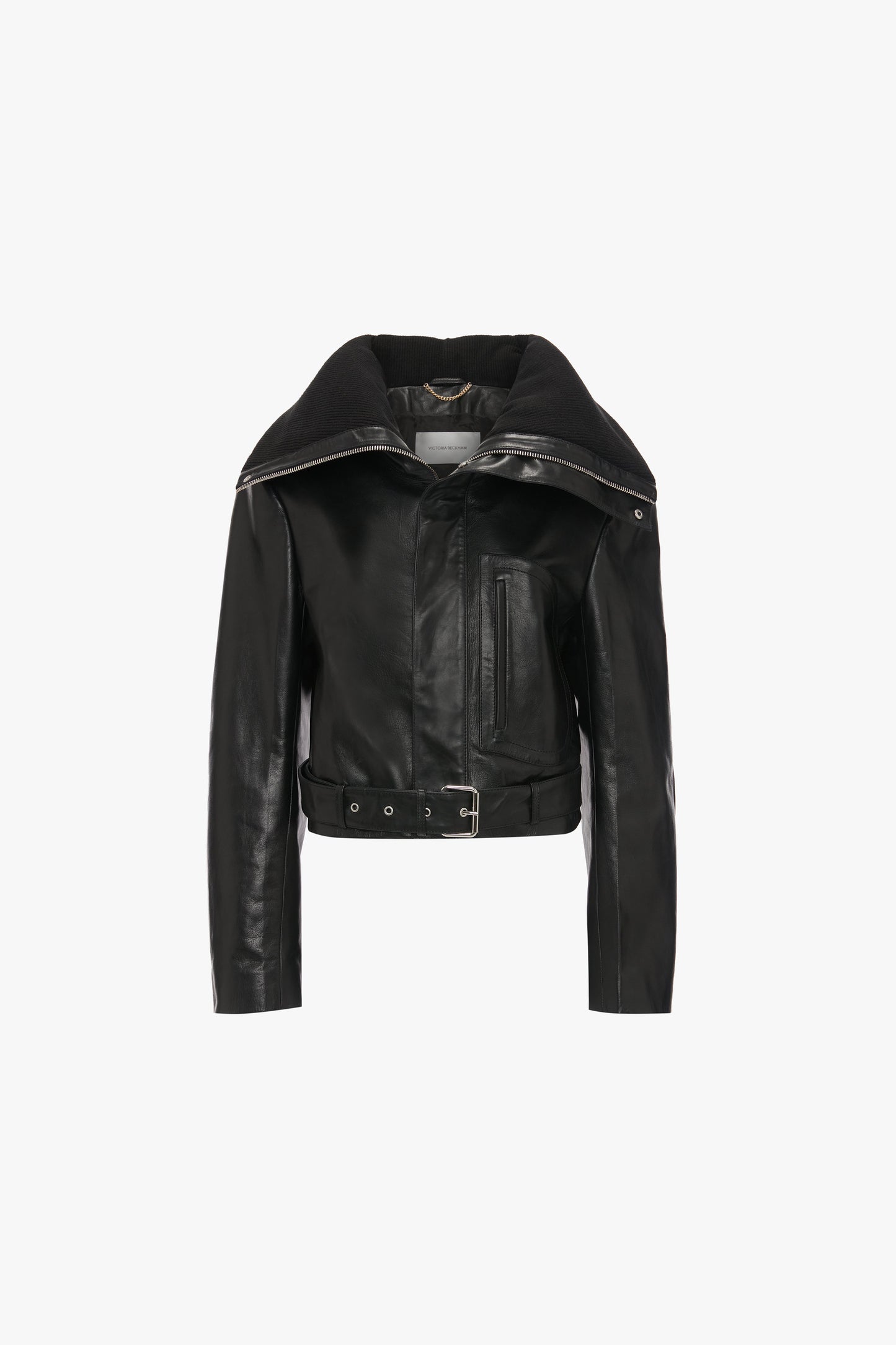 Cropped Belted Leather Biker Jacket In Black