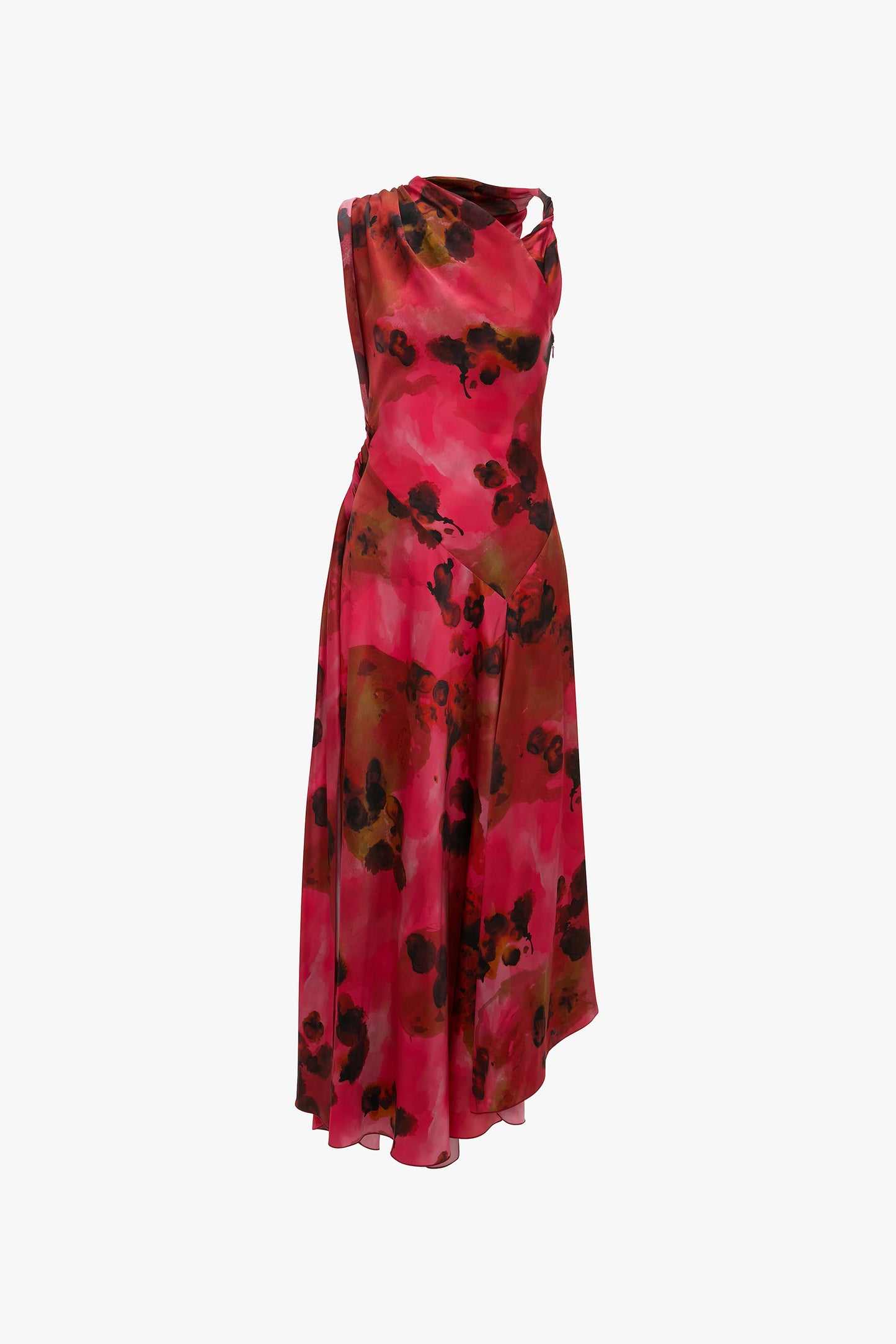 Draped Midi Dress In Raspberry Floral Print