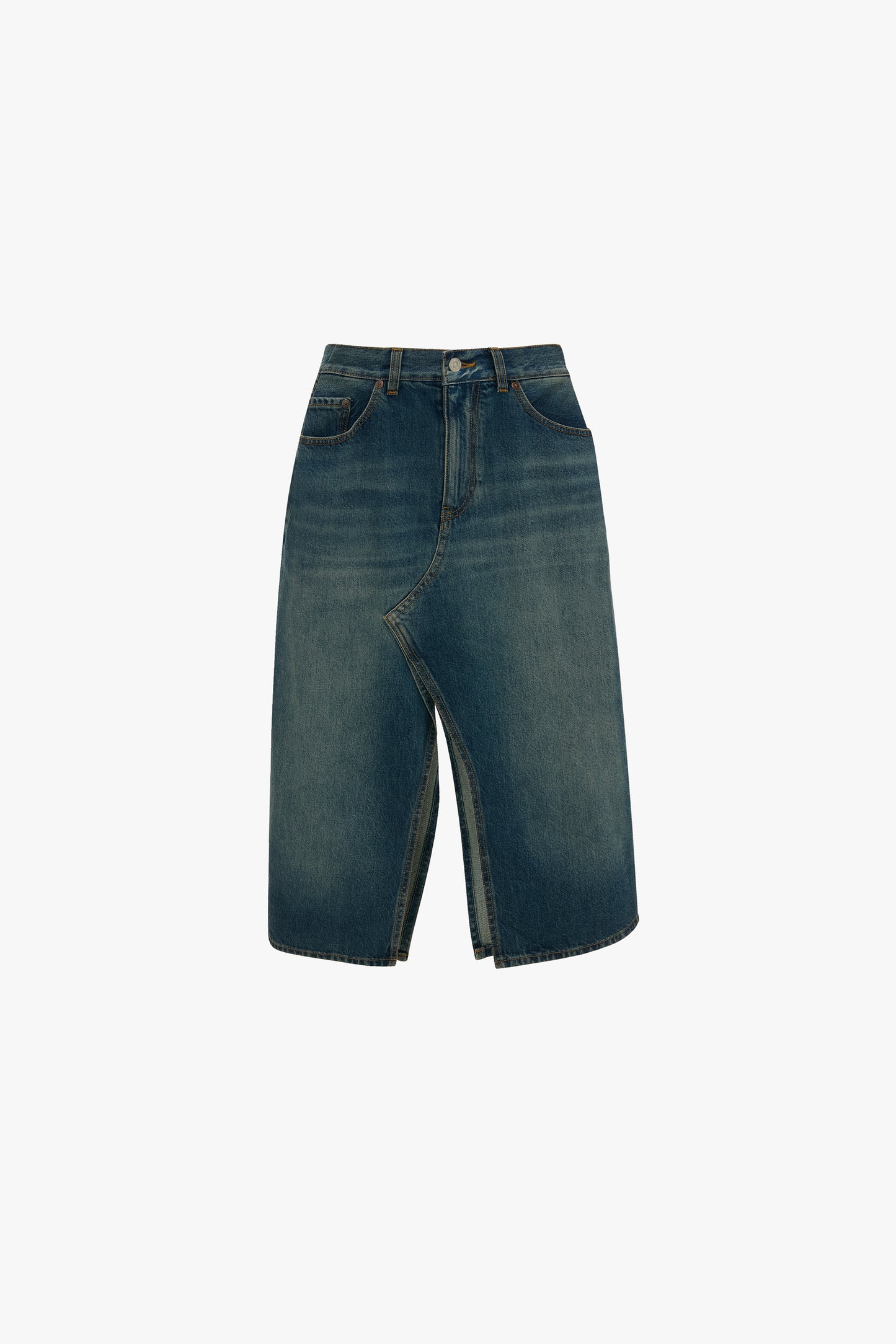 Kick Pocket Denim Skirt In Mid Blue Wash