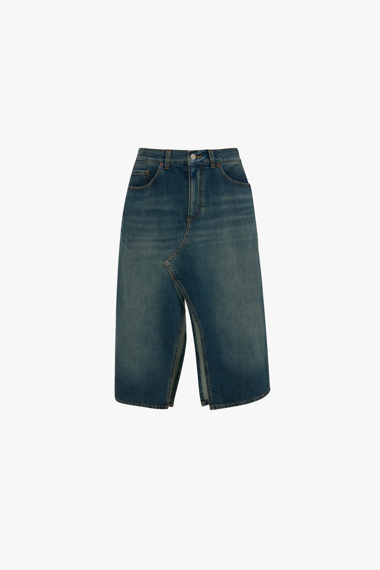 Kick Pocket Denim Skirt In Mid Blue