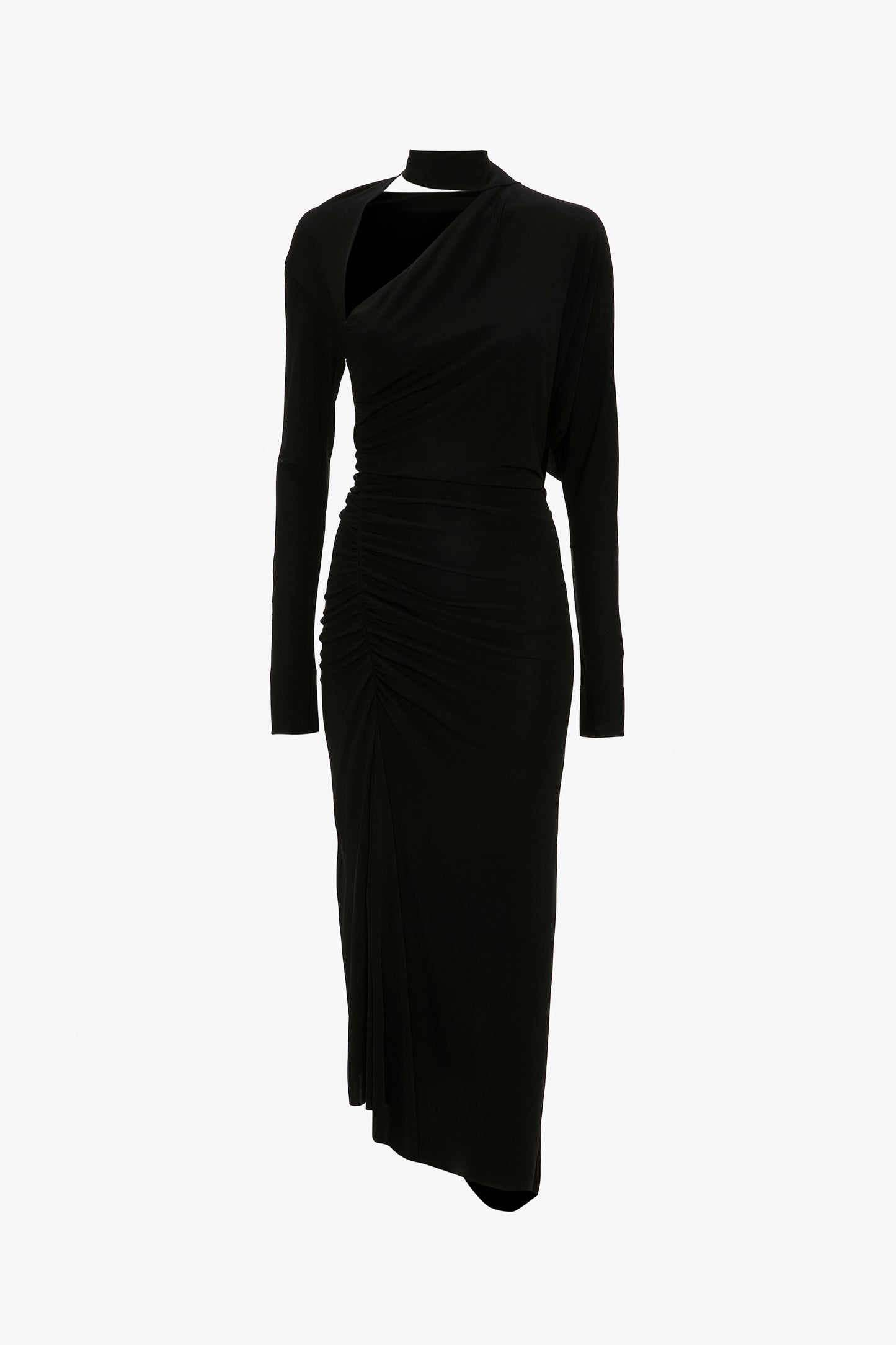 Slash-Neck Ruched Midi Dress In Black