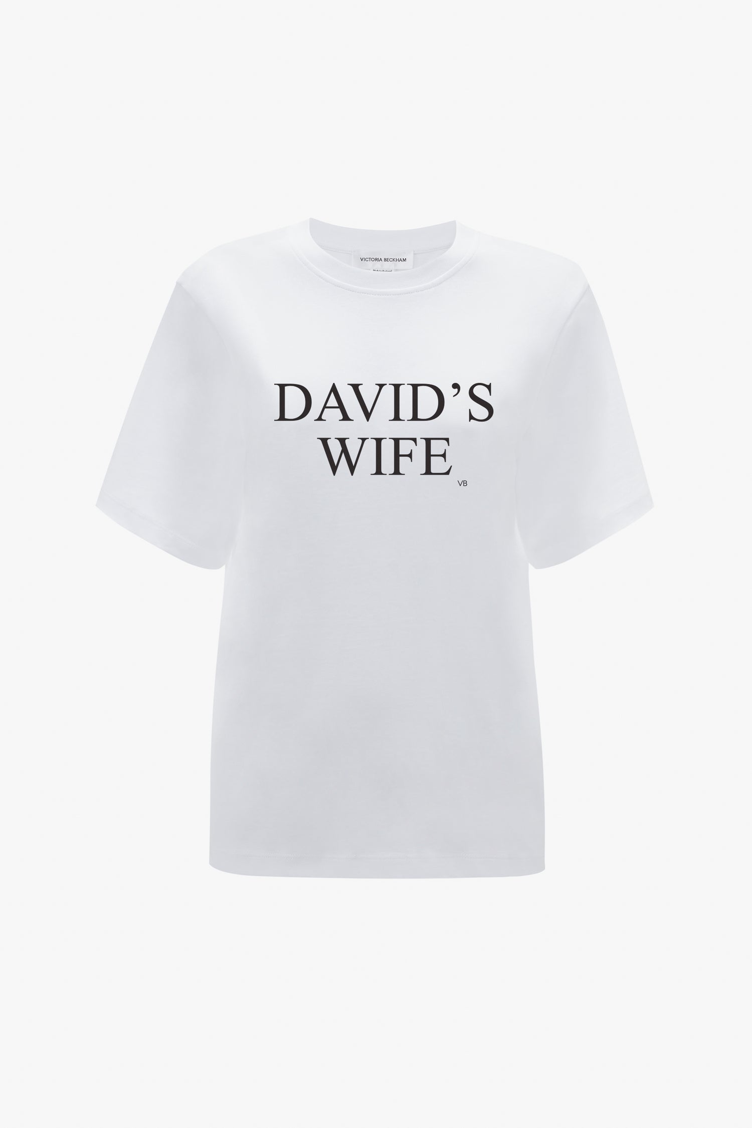 White 'David's Wife' slogan T-shirt made of organic cotton with the phrase printed in black font on the chest by Victoria Beckham.