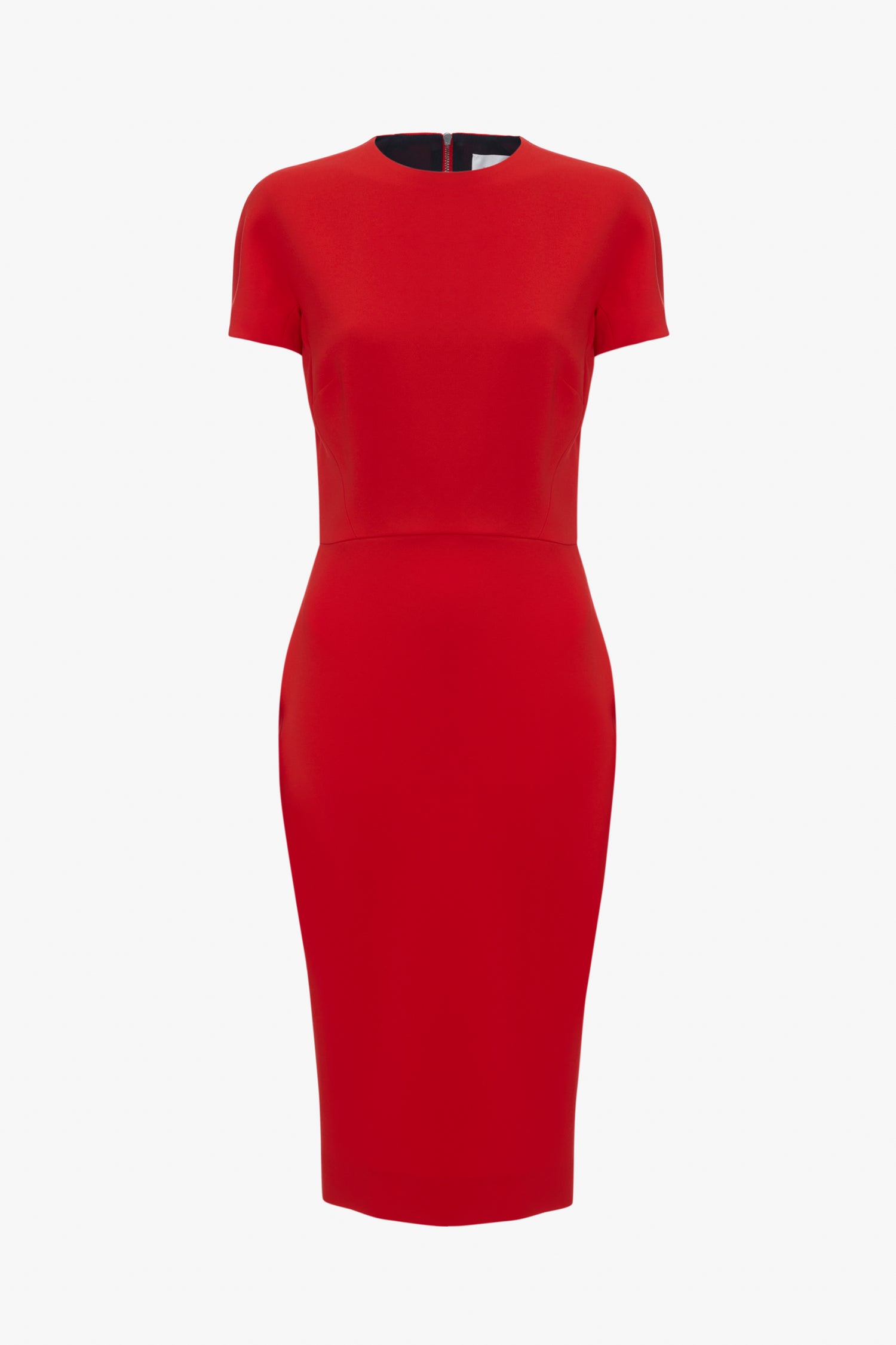 A Victoria Beckham red knee-length fitted T-shirt dress with short sleeves and a round neckline, displayed on a plain white background.