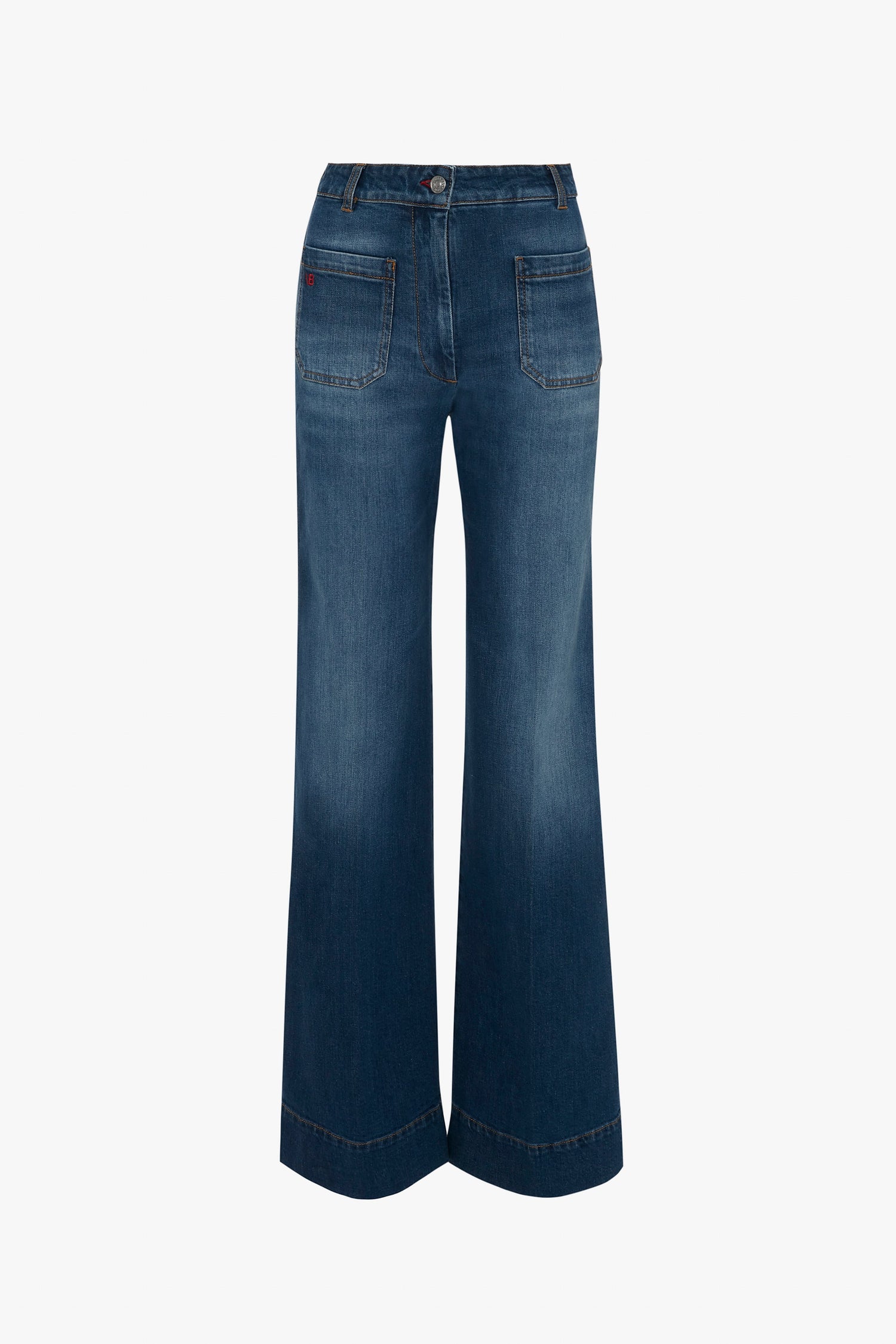 Image of a pair of high-waisted, wide-leg blue jeans with front button and zip closure, front pockets, and decorative stitching in a dark vintage wash. The style echoes the sophistication of Victoria Beckham's Alina High Waisted Jean in Dark Vintage Wash collection.